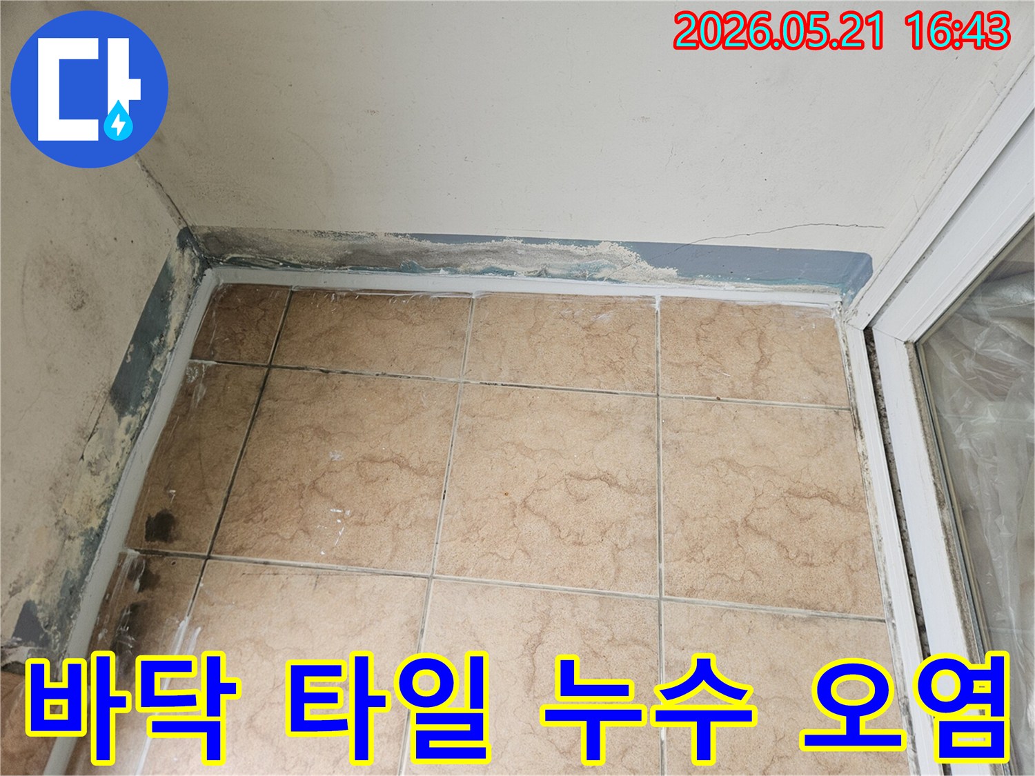 바닥 타일과 벽면 경계에서 누수가 발생하여 오염된 아파트 내부의 모습