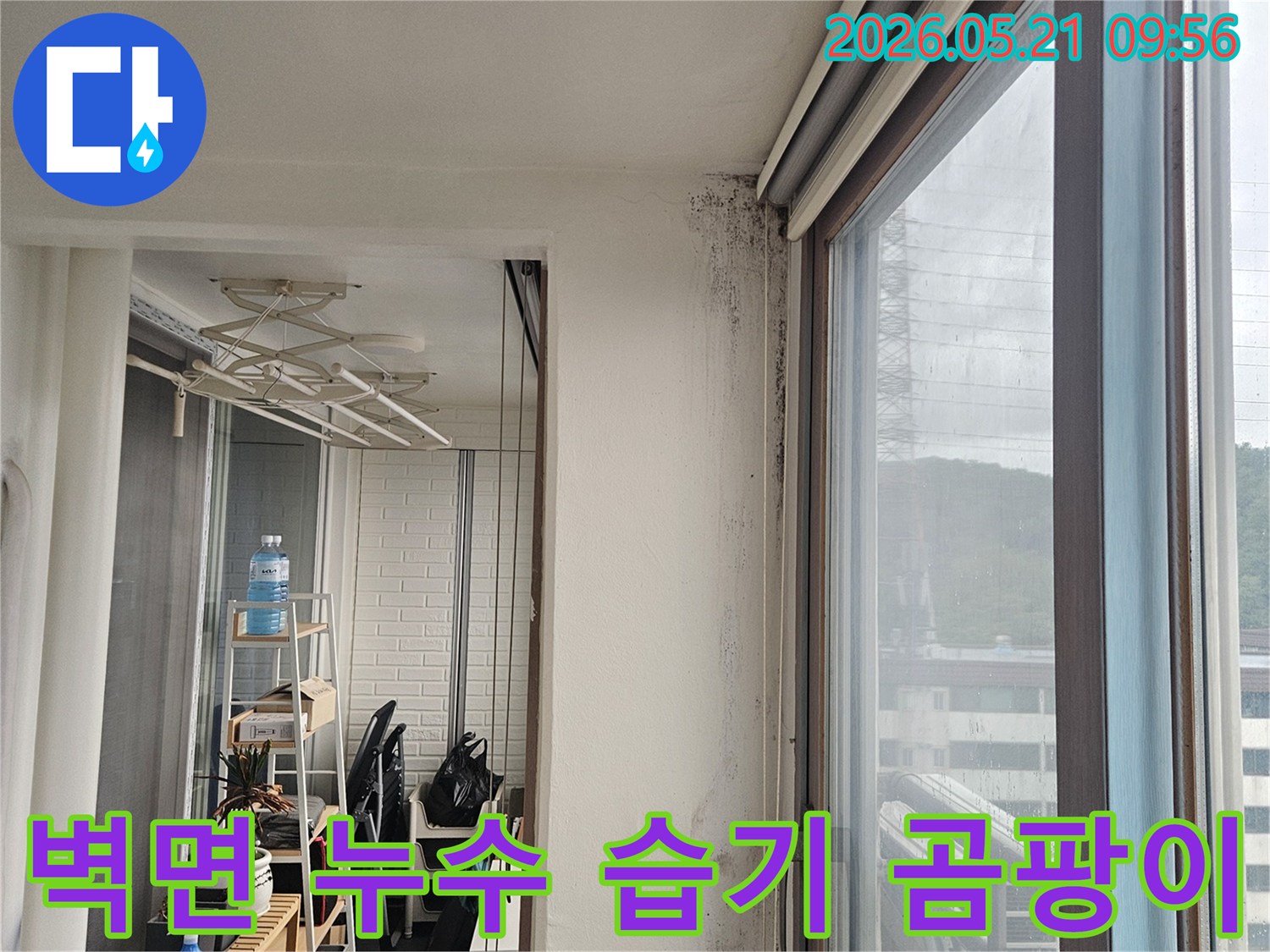 창문 모서리 벽면에 누수로 인한 습기와 검은 곰팡이가 심하게 발생한 모습으로-습기 및 곰팡이 제거가 시급합니다.