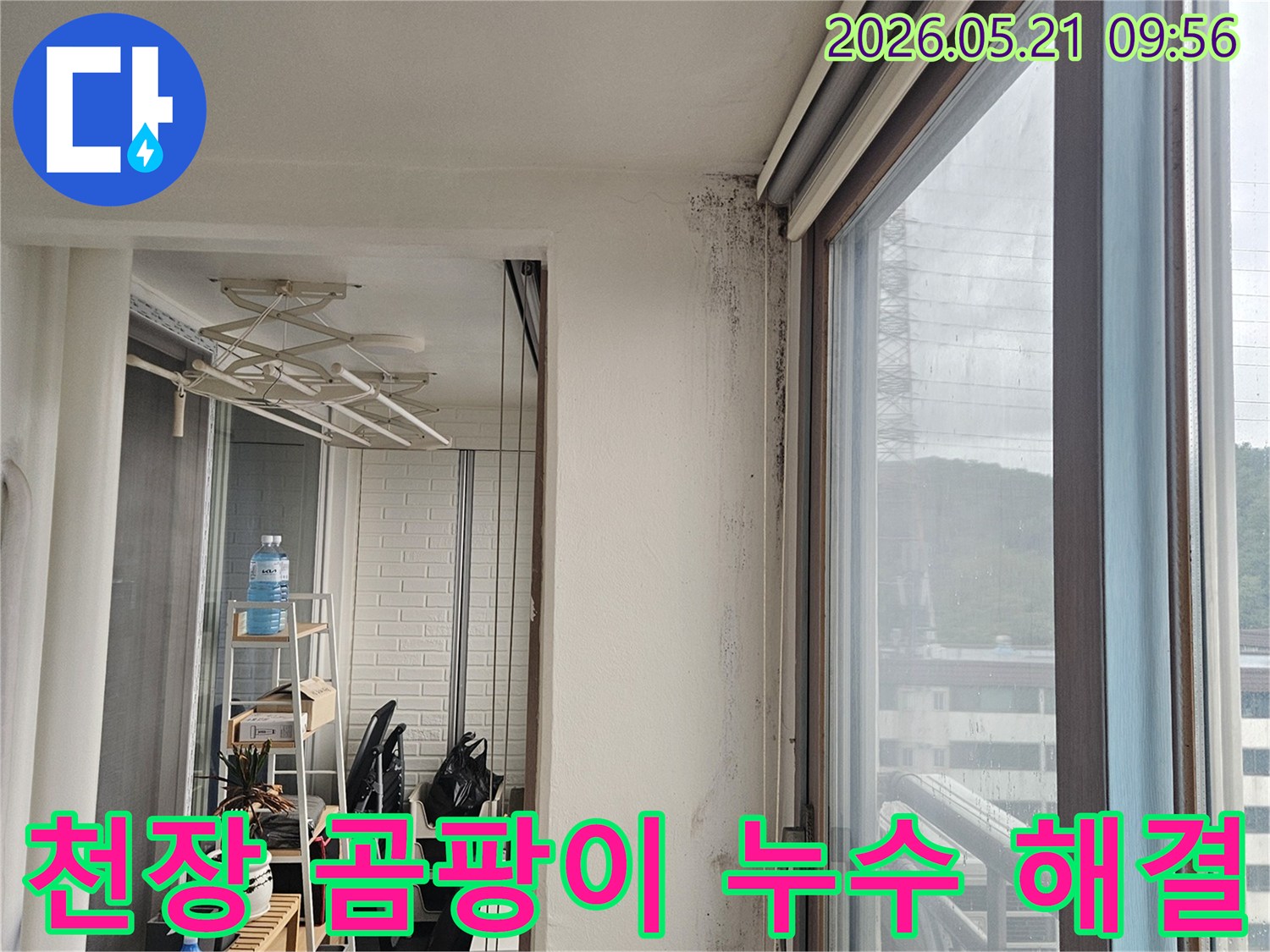 천장과 벽이 만나는 모서리에 곰팡이와 물-자국이 심하게 발생한 모습으로-누수 진단 및 완벽한 해결이 시급합니다.