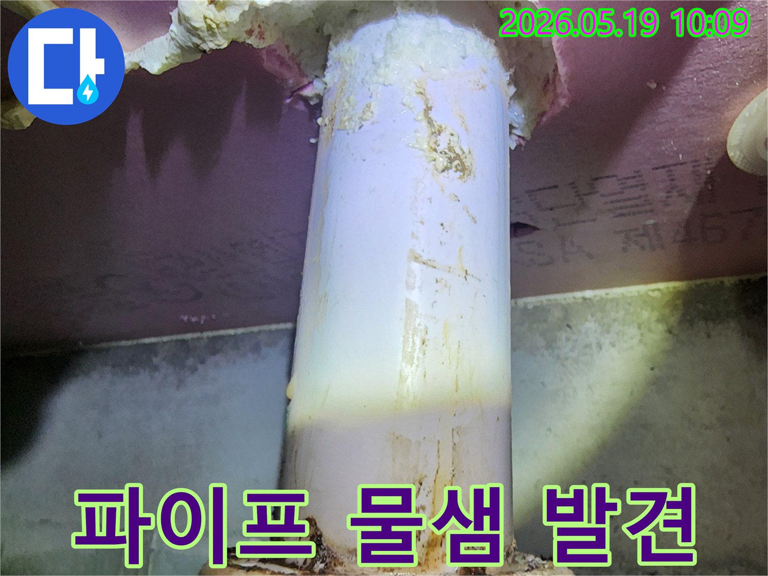 단열재를 뚫고 올라온-배관 주변에-물때와 곰팡이가-보이는 상황