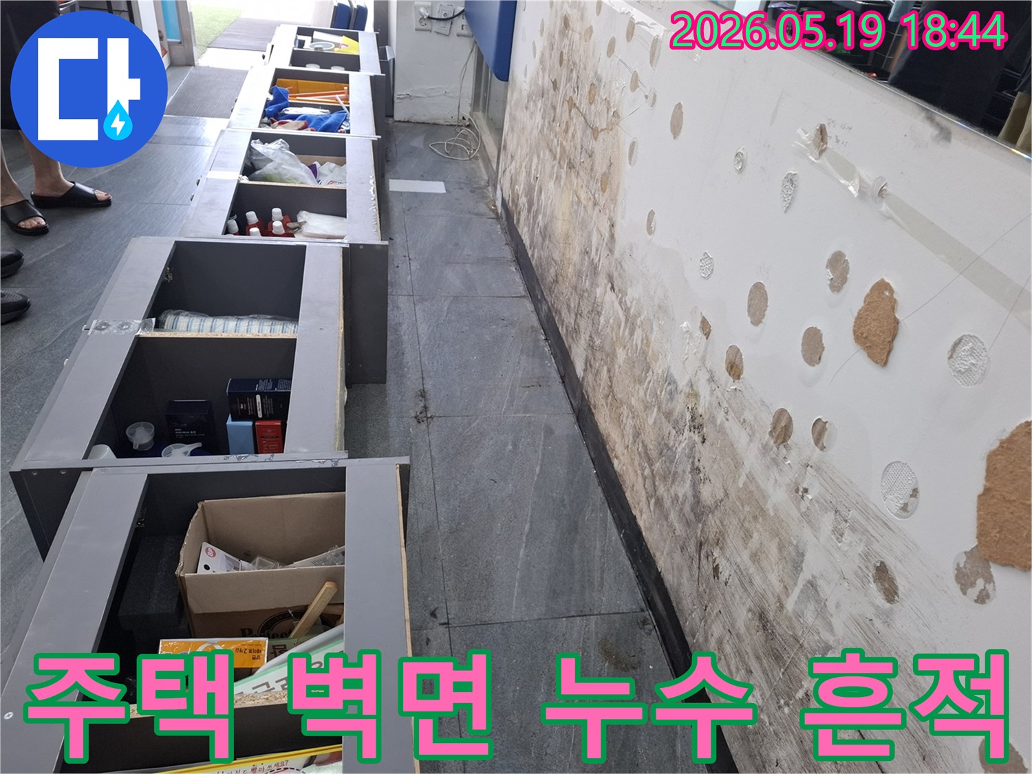 주택 벽면에 발생한 누수로 인해-벽지가 젖고 곰팡이가 심하게 번식한 현장 모습