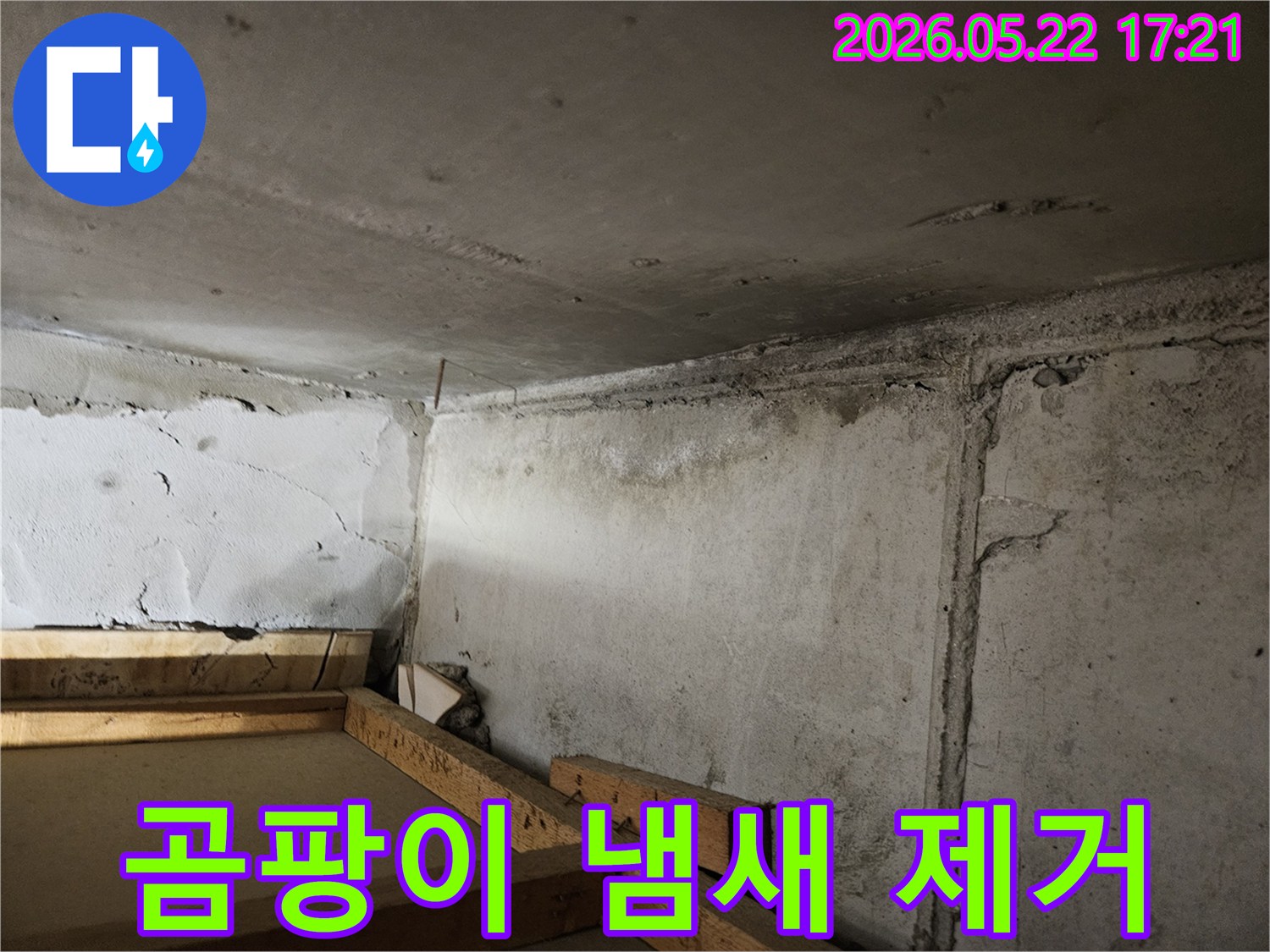 누수로-인해-천장과-벽면-모서리에-발생한-곰팡이와-함께-불쾌한-냄새가-나는-현장으로-냄새-제거-작업이-필요합니다.