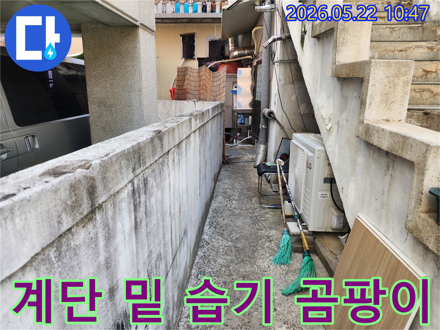 강동구-주택의-외부-계단-아래-공간에서-발견된-지속적인-습기와-곰팡이-문제를-진단하는-모습