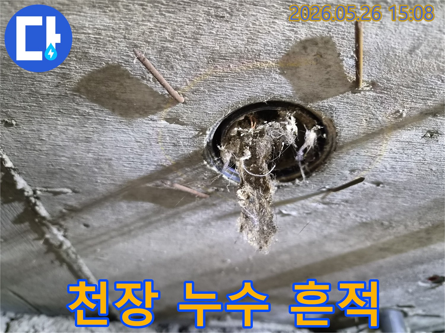 콘크리트 천장 구멍에서-오래된 이물질과-물방울이-맺힌-누수-현장의-상황을-보여주는-사진
