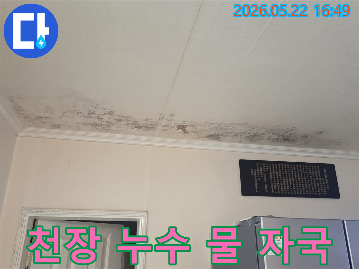 윗집 누수로 인해-천장에 생긴-물 자국과-곰팡이의-심각한 상태를-드러내는 사진입니다