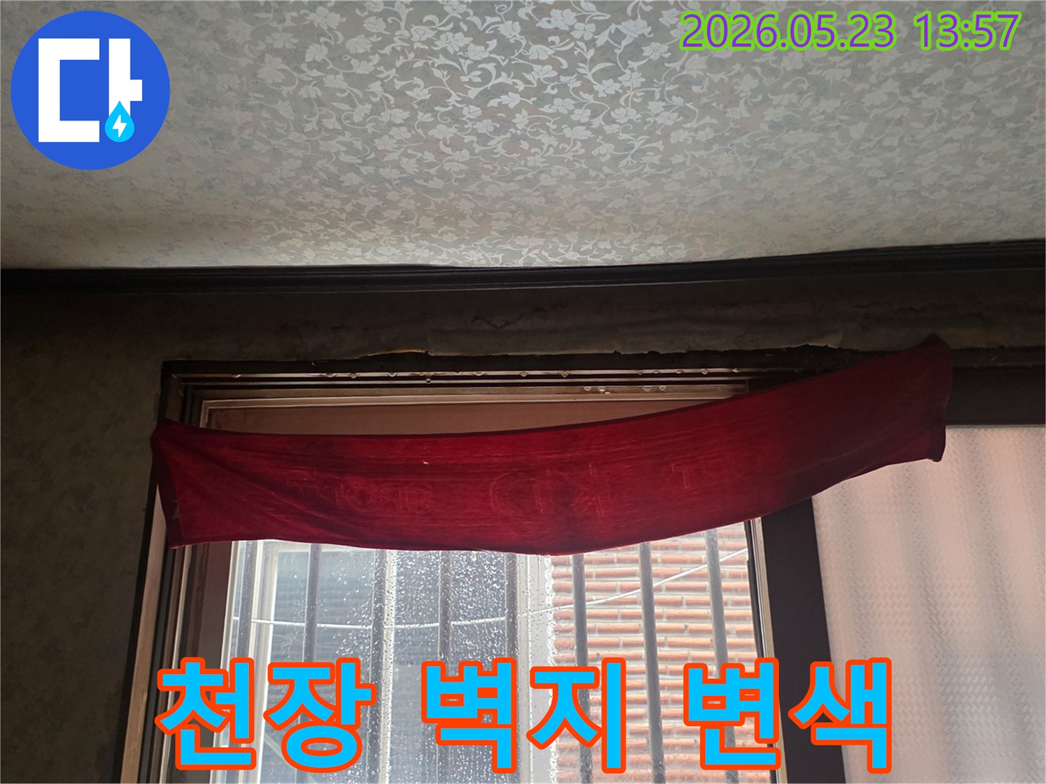 천장-벽지-변색과-물샘-현상이-뚜렷하게-보이는-다세대주택-누수-현장-사진입니다