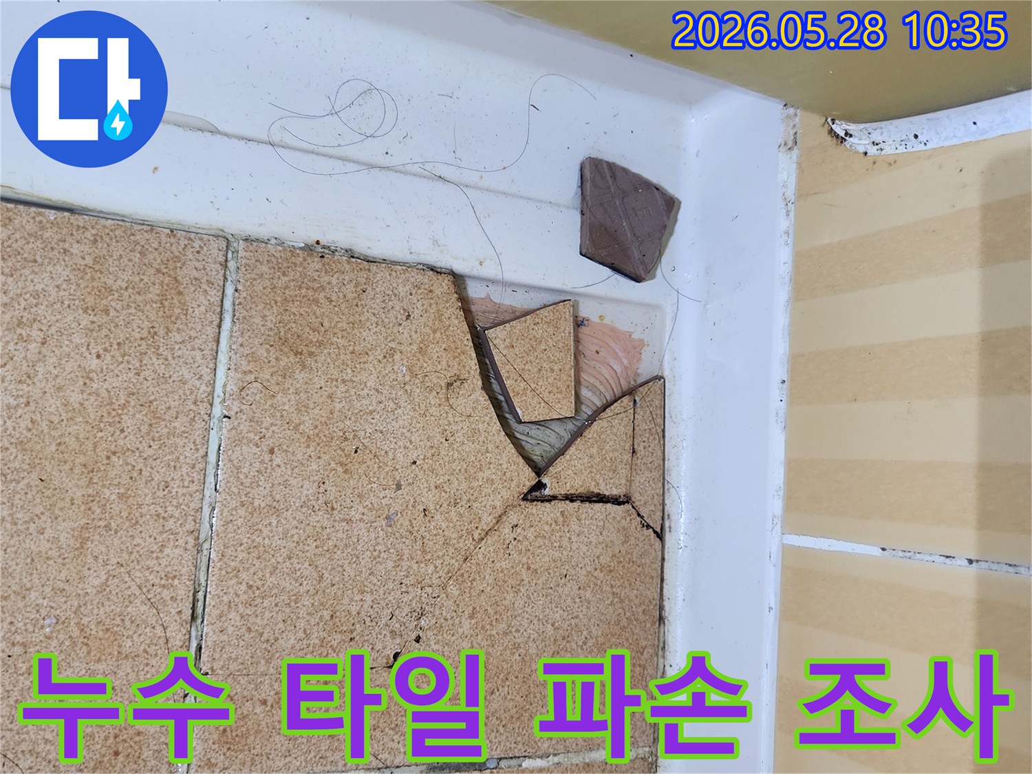 누수로 인해 바닥 타일이 심하게 파손된 현장 사진으로-누수 원인 파악을 위한-초기 진단 단계의 모습을 담고 있습니다.