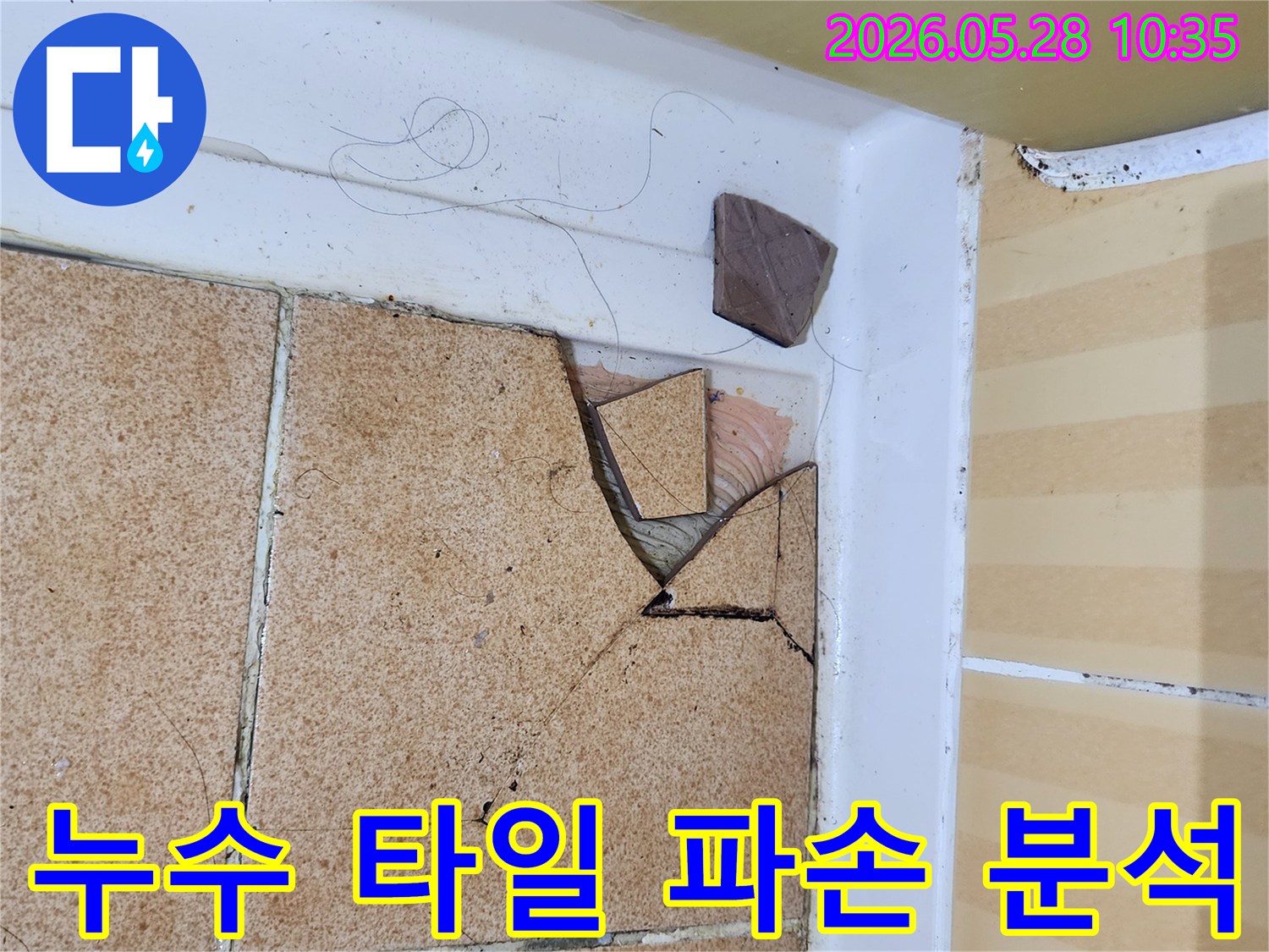 누수로 인해 바닥 타일이 심하게 파손된 현장 사진으로-누수 원인 파악을 위한-초기 진단 단계의 모습을 담고 있습니다.