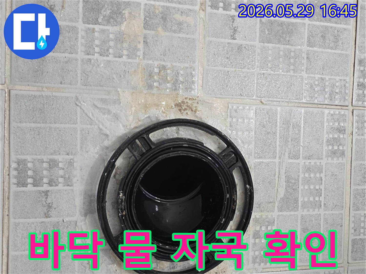 배수구 주변의 타일 줄눈이 손상되고 물이 스며든 흔적이 있는 현장 사진입니다-배관 문제로 인한 누수 가능성을 시사합니다