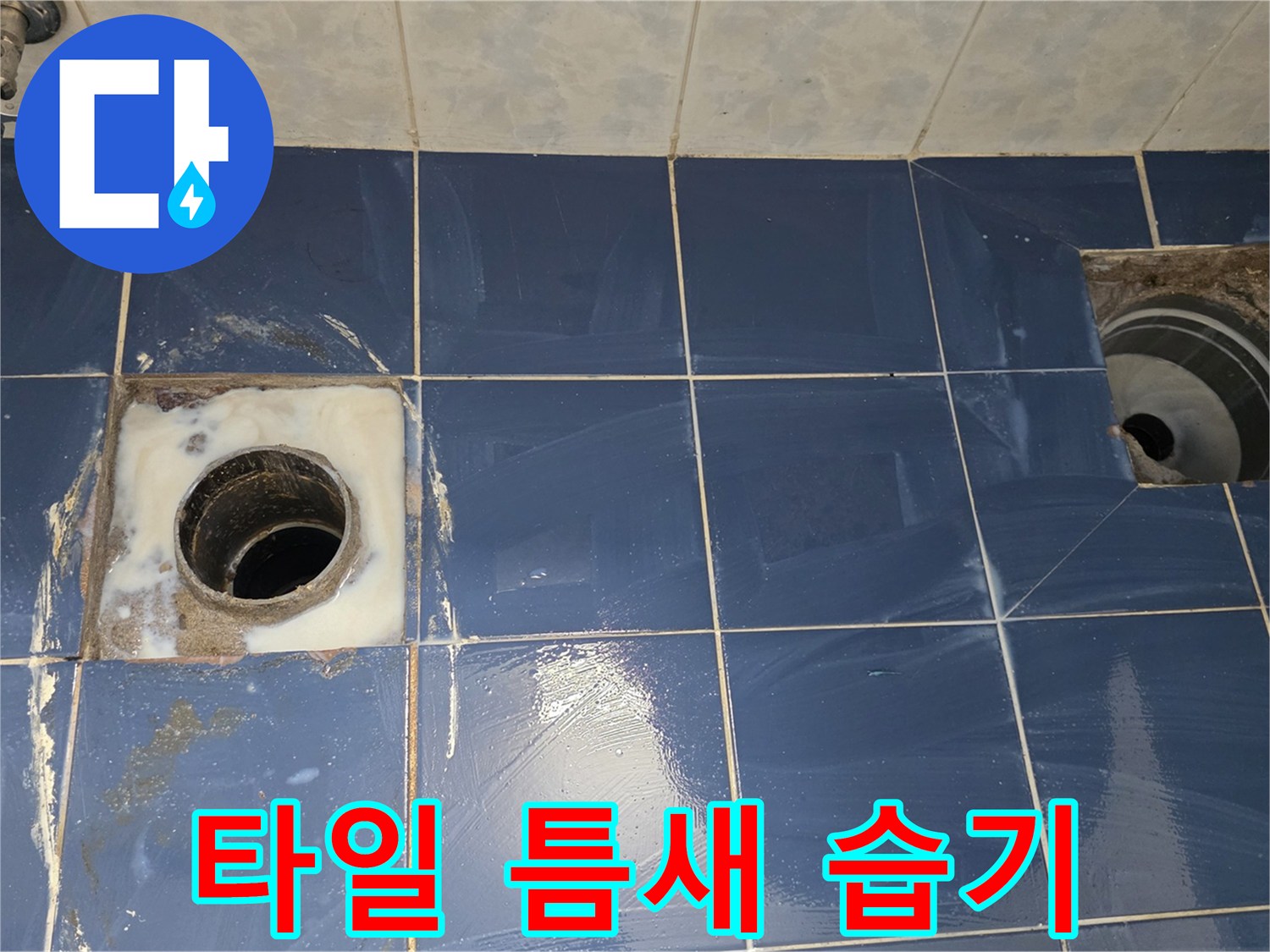 배수구 주변 타일-틈새로 스며든 물기로 인한 오염
