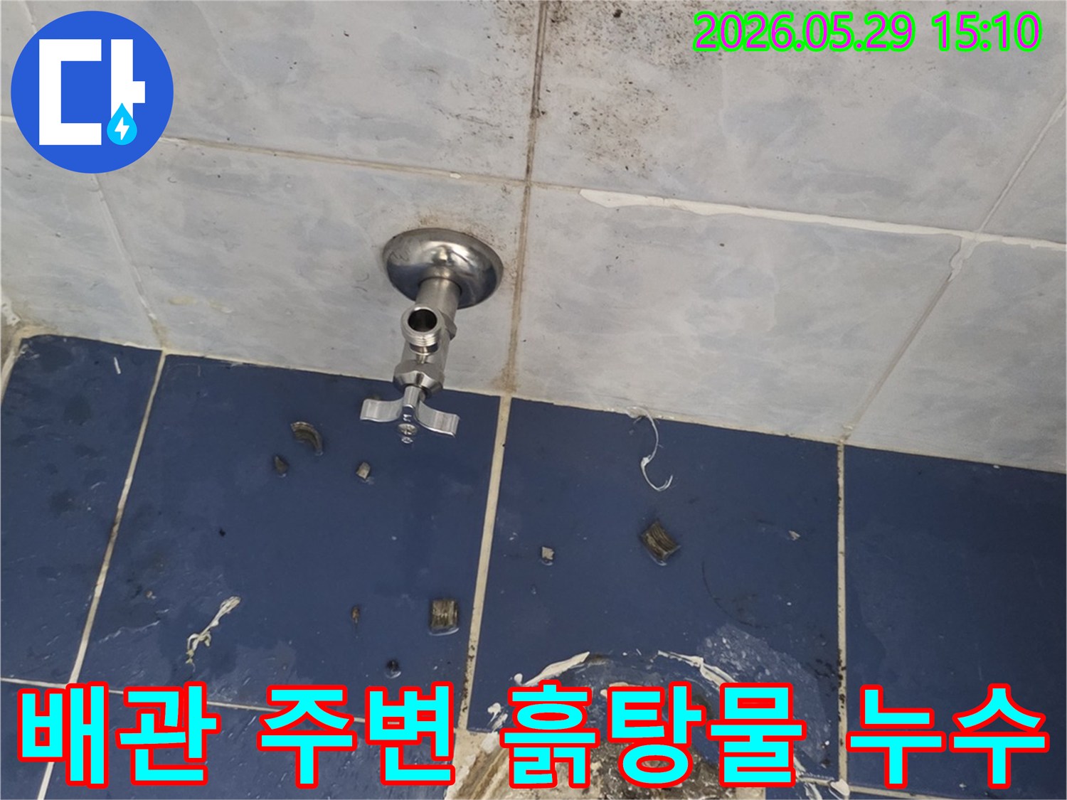 욕실 바닥 배관 주변에-흙탕물이 고여있고-타일이 파손된 심각한 누수 현장입니다