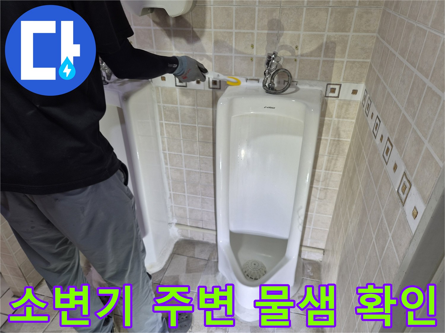 양천구 사무실 화장실 소변기 주변의 타일 메지 사이로 습기가 배어 나오는 모습