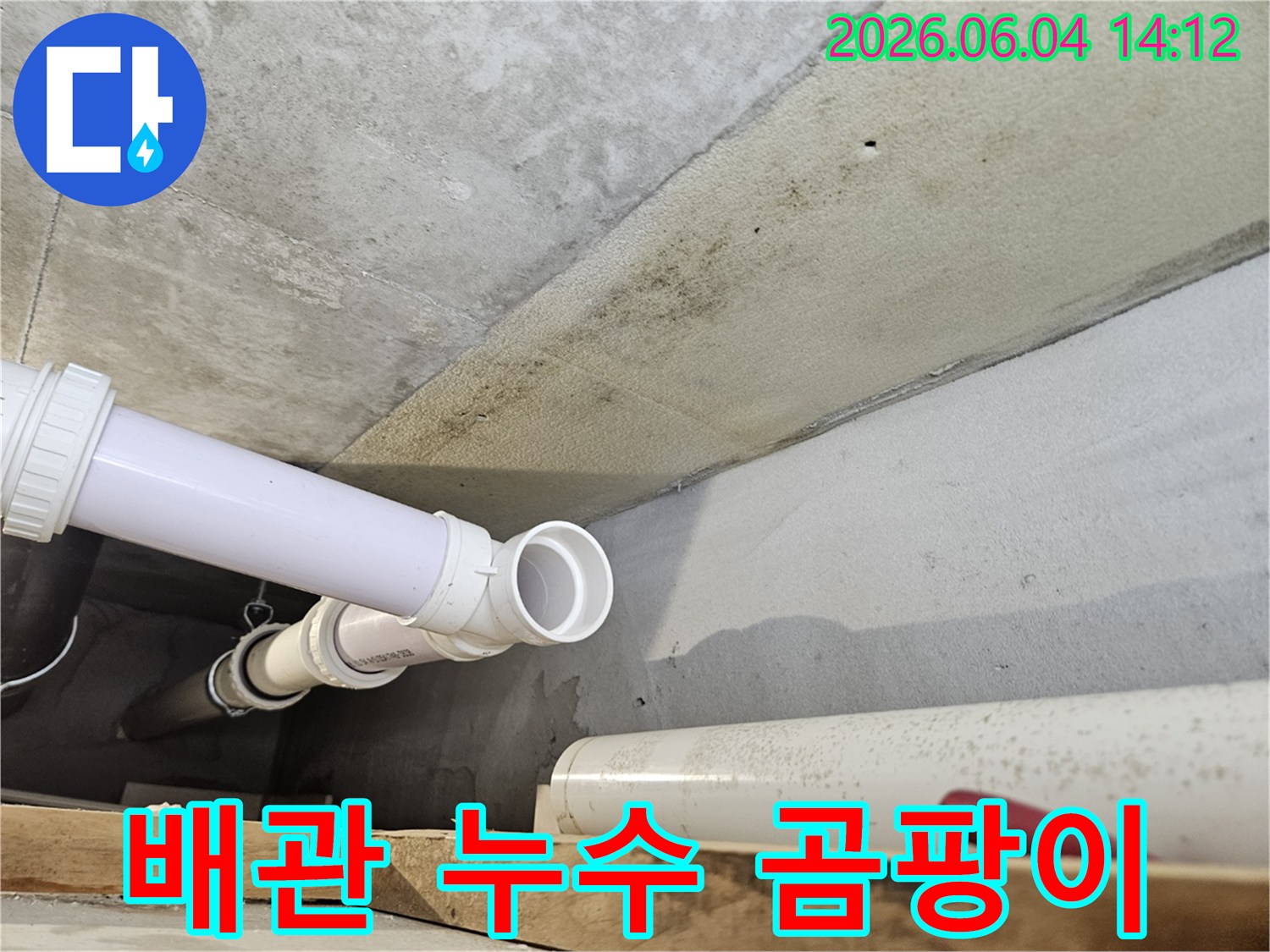 콘크리트 천장 아래로 지나가는 PVC 배관 주변에-누수로 인해 발생한 검은 곰팡이와-물 얼룩이 보이는 현장 이미지