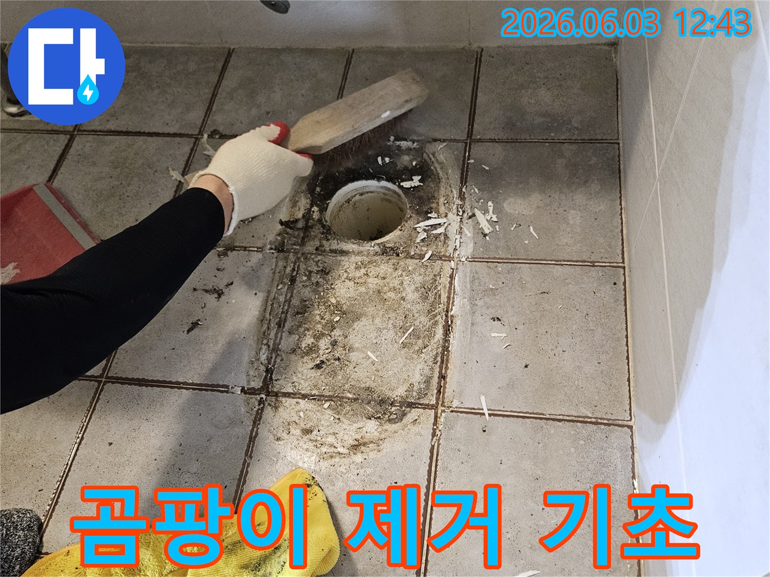 누수 엔지니어가-욕실 바닥-배수구 주변의-오래된 줄눈과-오염물을-스크래퍼로-제거하며-방수 작업의-기반을 다지는 모습