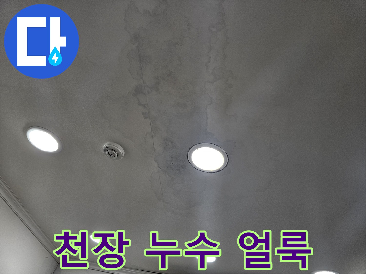 매립등 주변으로 넓게 퍼진 천장재의 습기 변색 상태