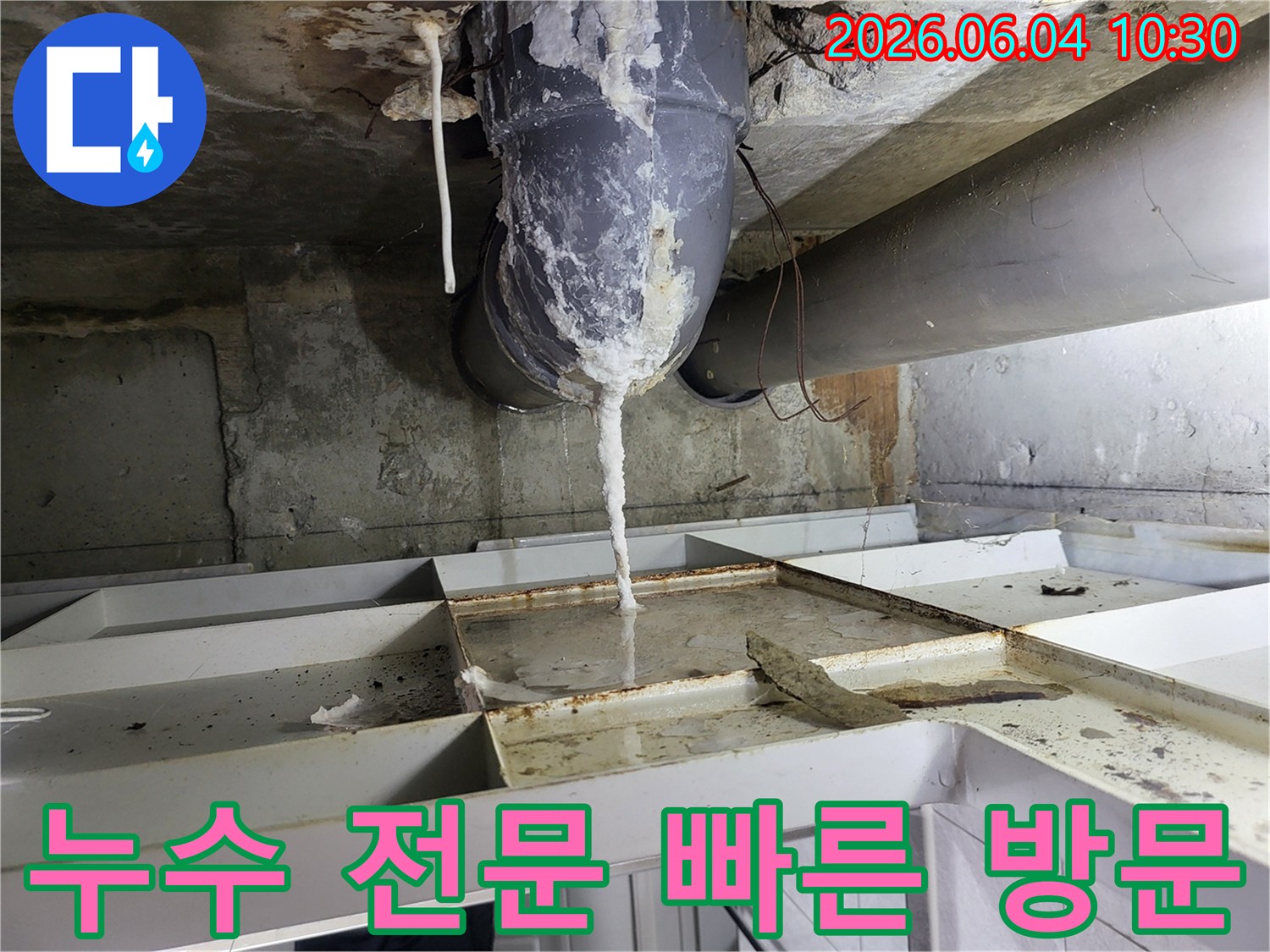 천장 배관에서 물이 새어 나와-석회질이 고드름처럼 맺히고-아래 바닥에 물이 고인 누수 현장
