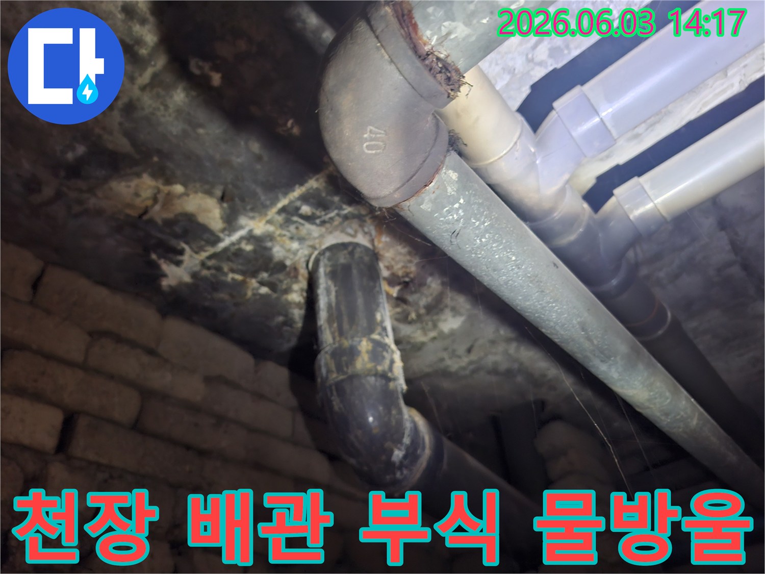 상가 천장 배관의 심각한 부식과-그로 인해 발생한 물방울을-면밀히 관찰하는 전문가의 시선