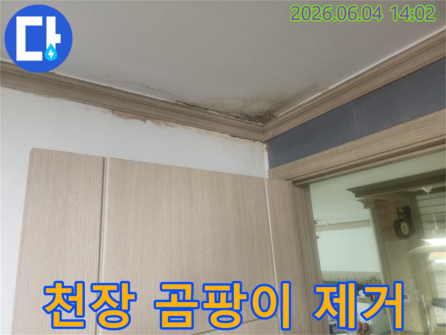 천장 모서리에 누수로 인한 곰팡이가 심하게 피어있어 곰팡이 제거 및 누수 공사가 시급한 현장입니다