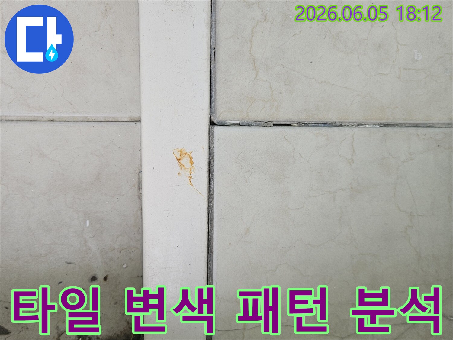 경기 양주시 평화로 현장에서-누수 진단을 위해-타일 틈새의 변색 패턴을-정밀하게 분석하는-과정을 보여줍니다