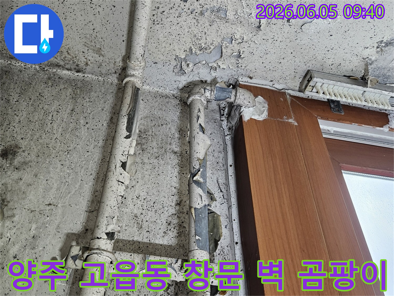 양주 고읍동의 창문 아래 벽면에-곰팡이와 페인트 손상이 발생한-누수 현장의 모습입니다.