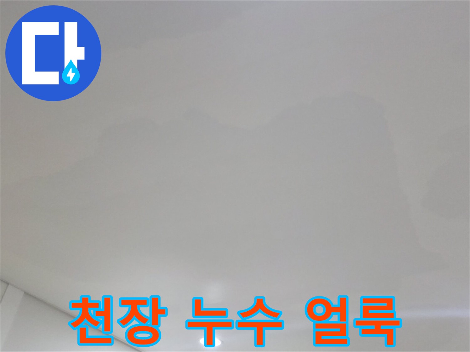 넓게 퍼진 천장 누수 얼룩과 습기로 인한 벽지 변색 부위