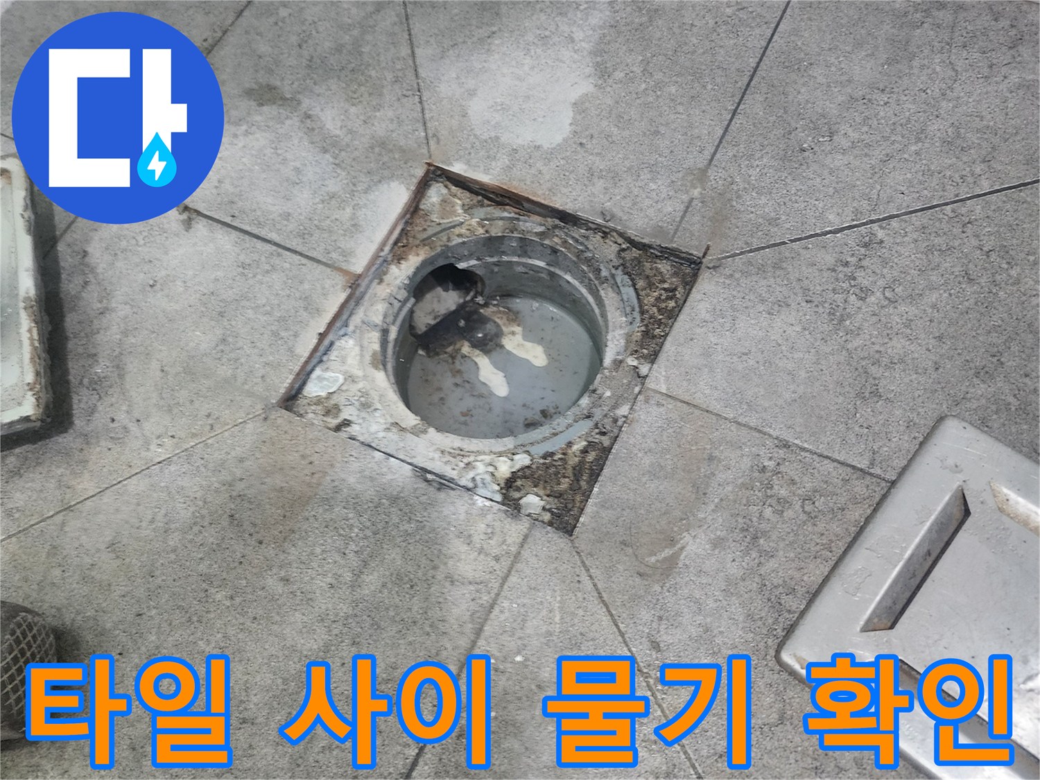 누수 탐지 중-발견된-배수구 주변의-젖은-타일과-오염된-모습
