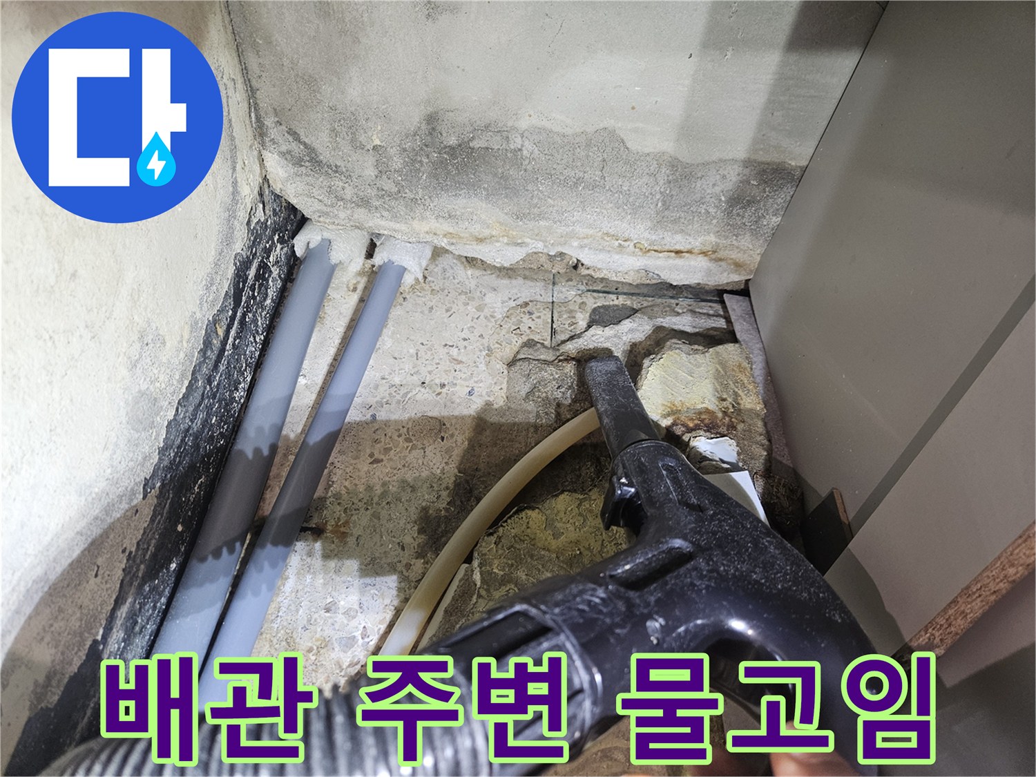 샤워실 하단부-물 고임과 배관 주변의 젖은 상태 확인