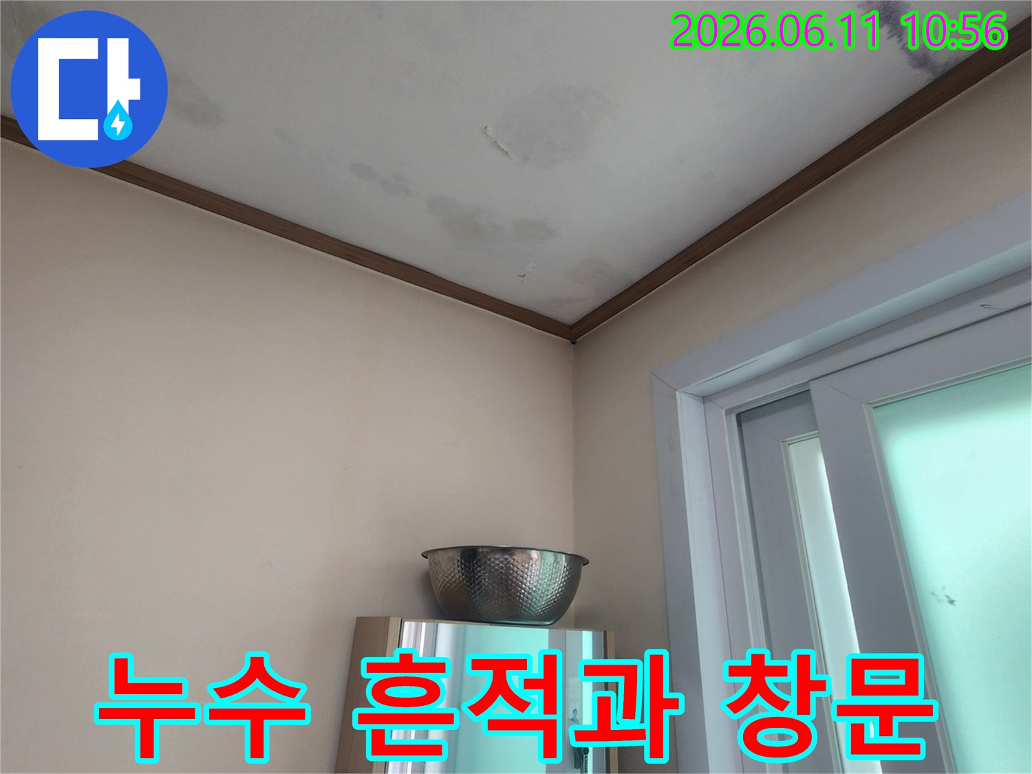 창문 근처에서 발생한 누수로-벽지가 젖고-곰팡이가 피기 시작한 현장