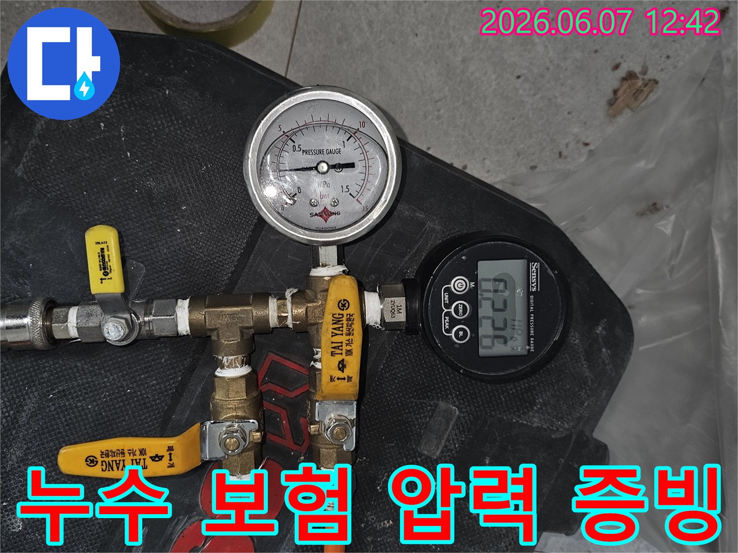 누수 탐지 전문가가-정밀 압력계 데이터를 활용하여-누수 보험 처리를 위한-객관적인 증빙 자료를 확보하는 모습