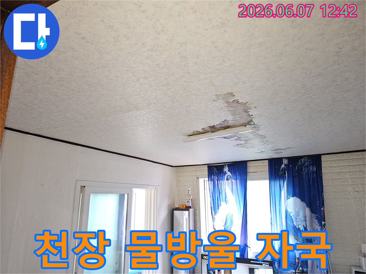 이-사진은-천장-누수로-인해-벽지가-변색되고-손상된-모습을-담고-있으며-누수-엔지니어가-누수-원인을-파악하고-해결하기-위해-방문했습니다