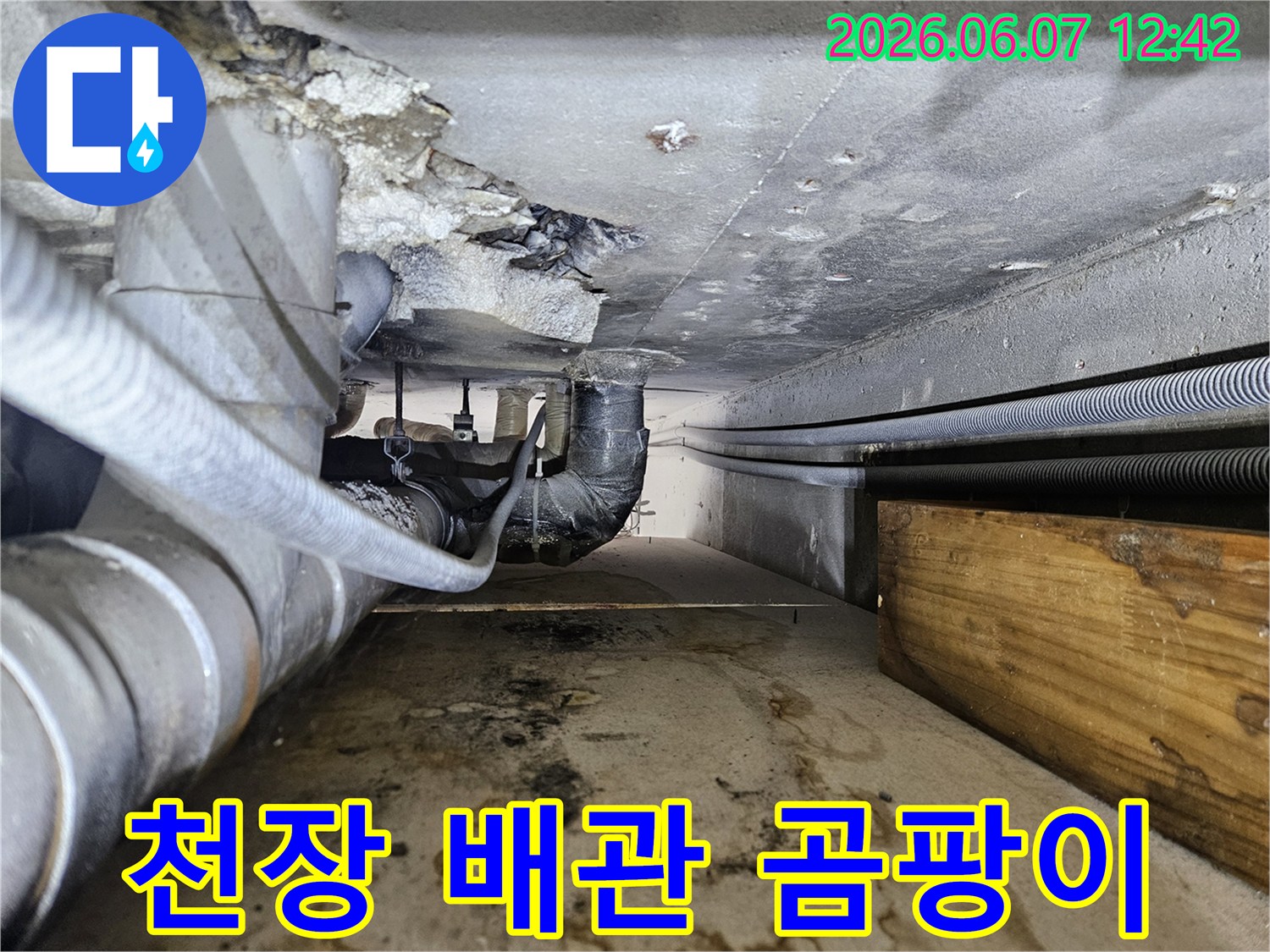 천장 배관 주변에 곰팡이와 부식이 심한-누수 피해 현장을 보여주는 이미지