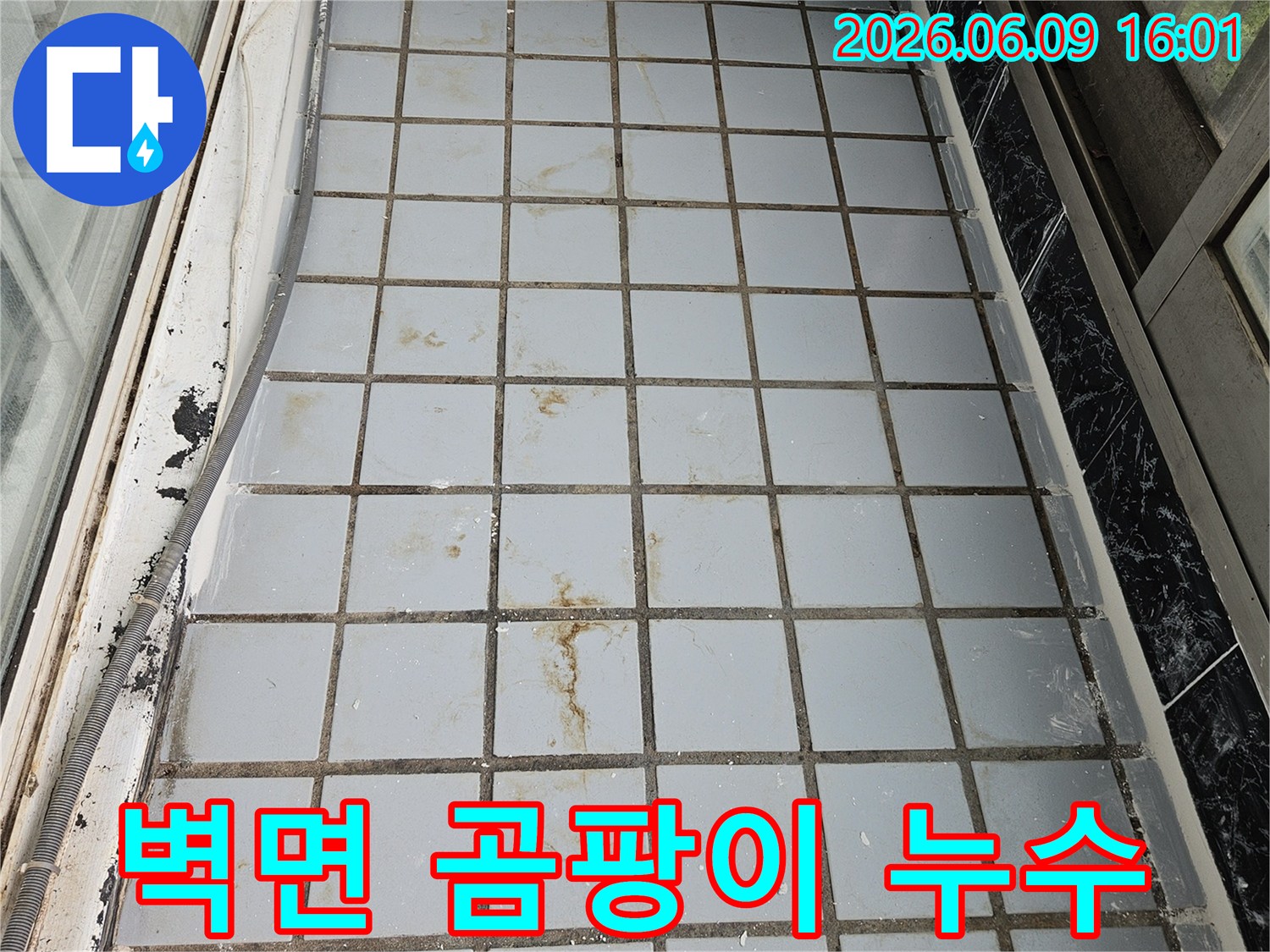 누수 탐지 중 촬영된-타일 벽면의 갈변된 물-자국과 손상-부위를 명확히 보여주는 사진