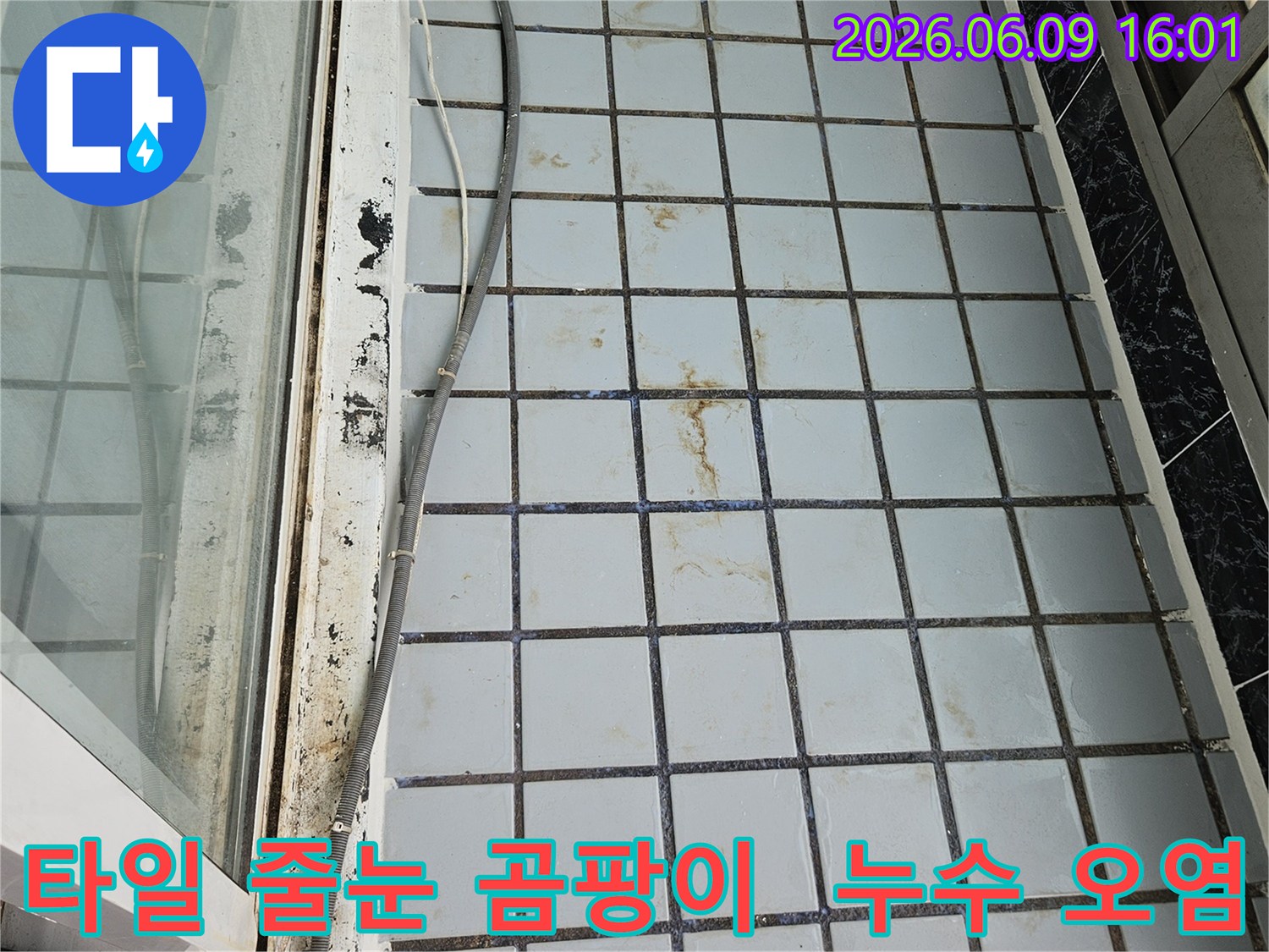 베란다 타일 줄눈에-번져있는 곰팡이와-누수로 인한-심각한 오염 상태