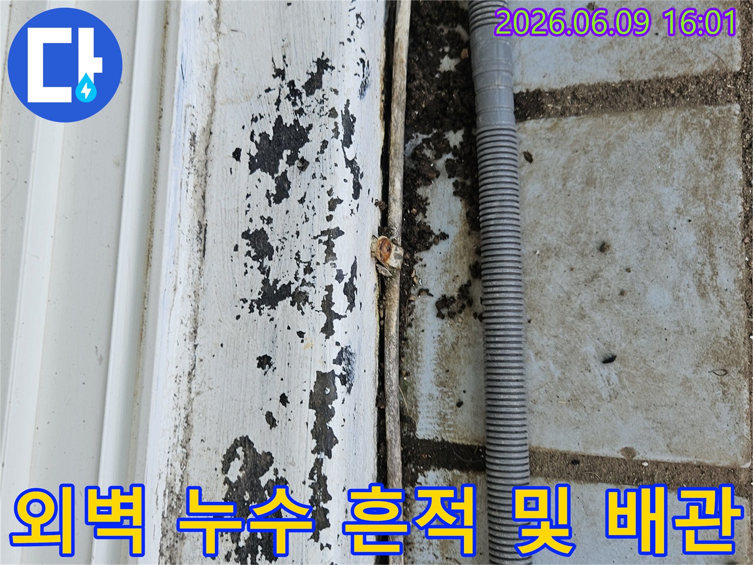 의정부 호원동 한신아파트 외벽에서-발견된 누수 흔적과-주변에 설치된-배관의 모습을-보여주는 현장 사진