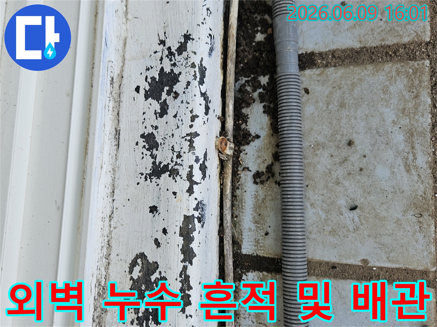 의정부 호원동 한신아파트 외벽에서-발견된 누수 흔적과-주변에 설치된-배관의 모습을-보여주는 현장 사진