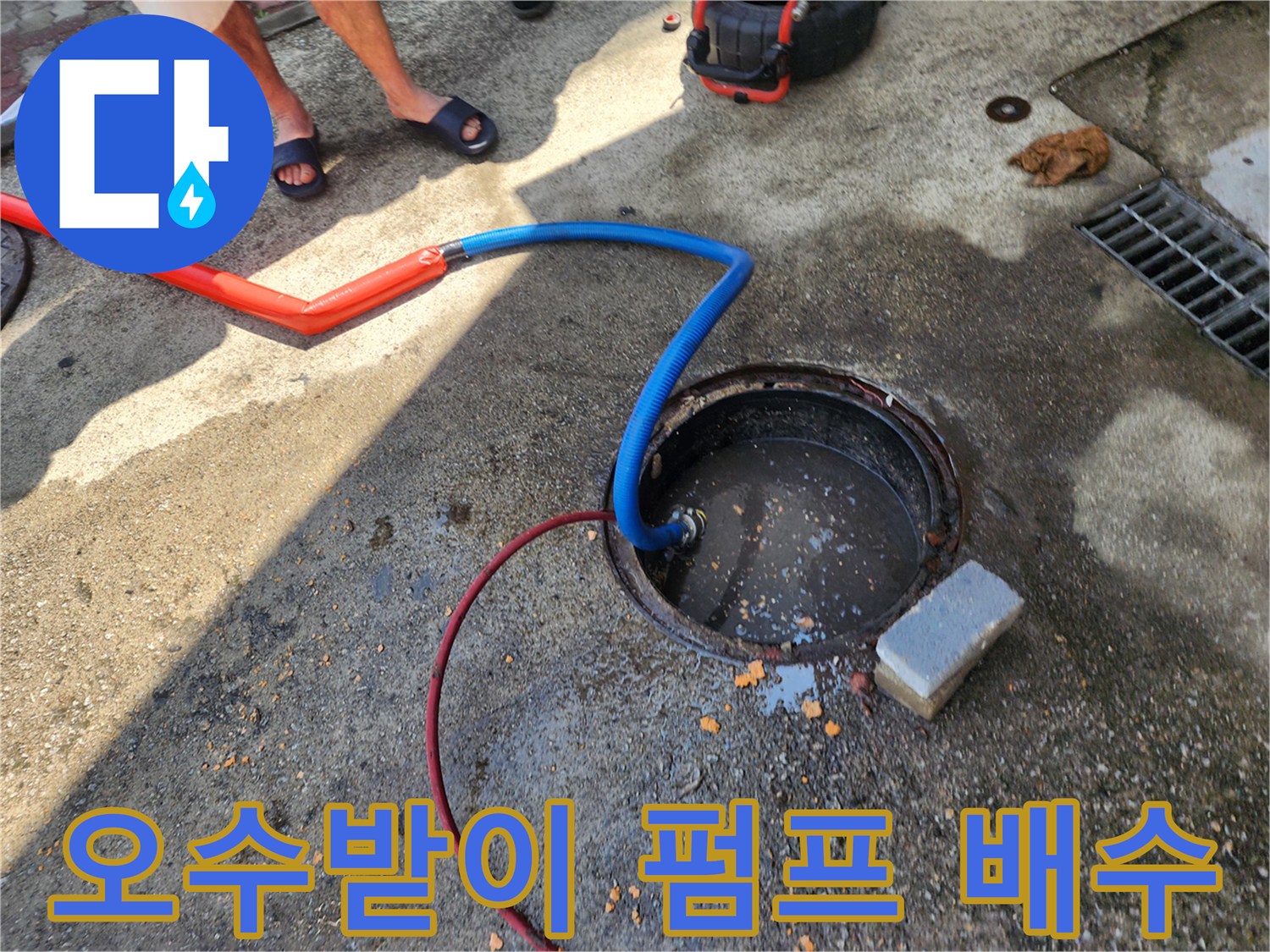 오수받이에 연결된 파란색 호스와 배출 작업 모습