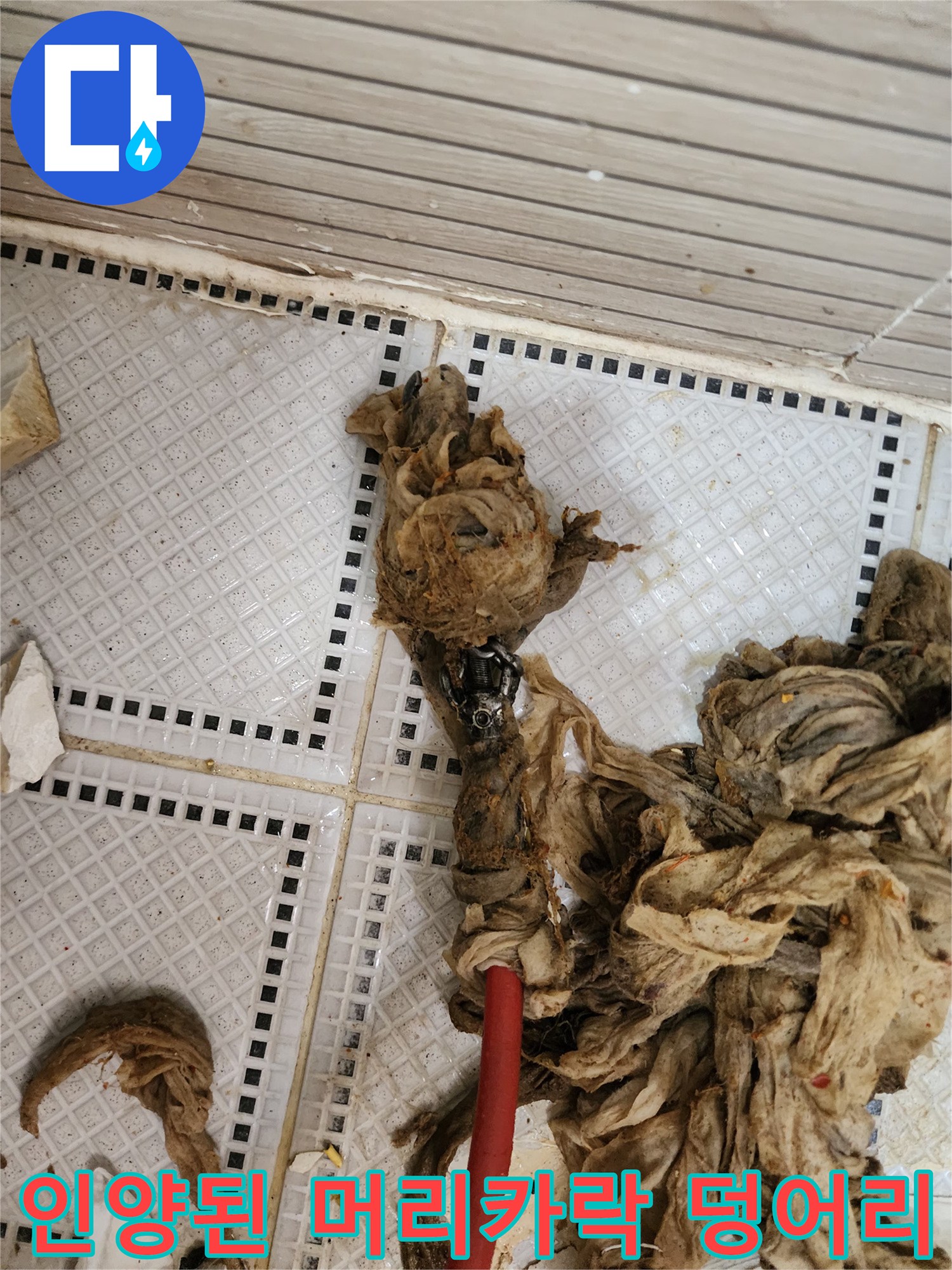 배수구 관로에서 제거된 다량의 오염물질과 섬유 찌꺼기