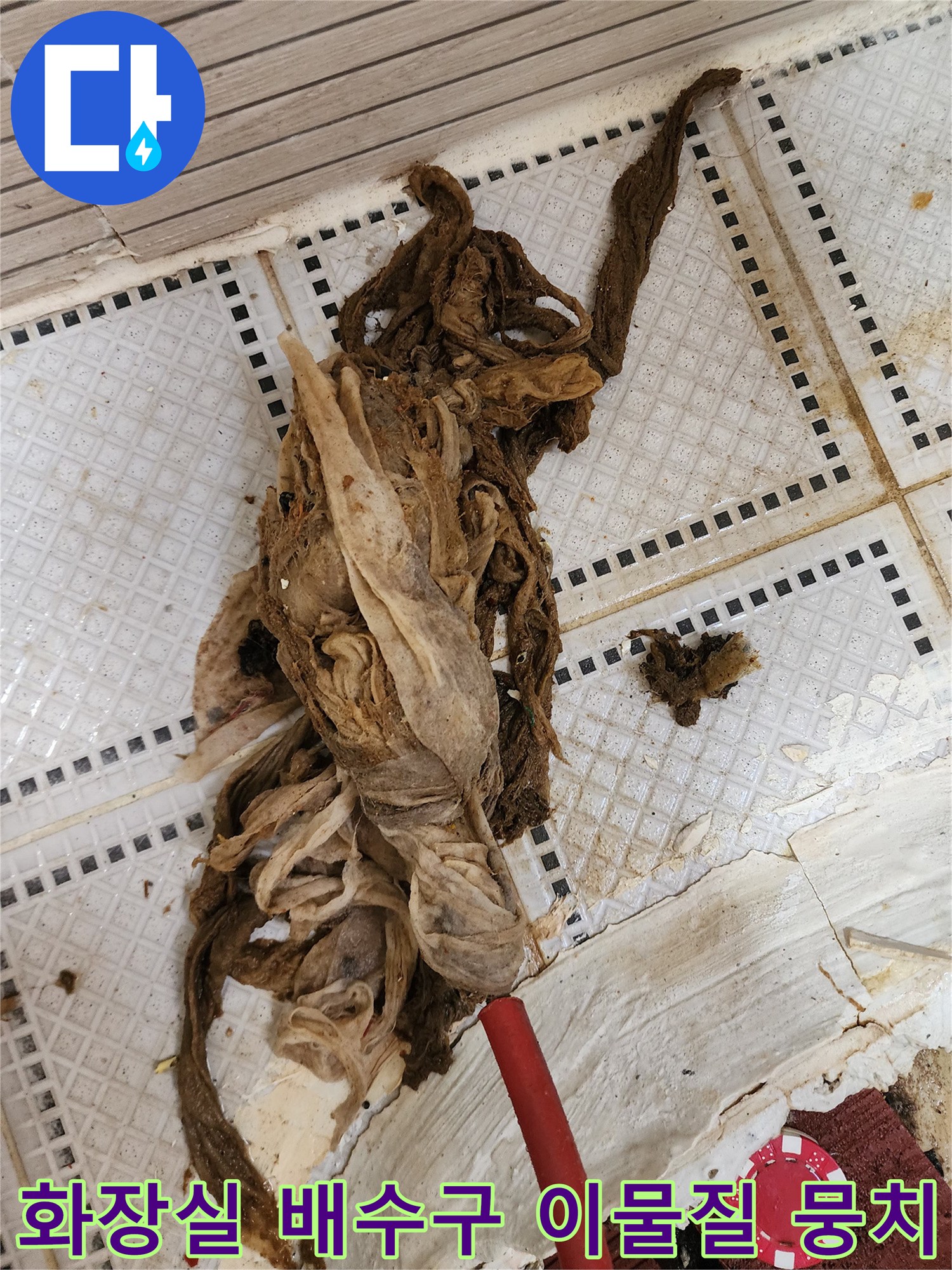 화장실 바닥 타일 위에 놓인 거대한 머리카락과 슬러지 덩어리