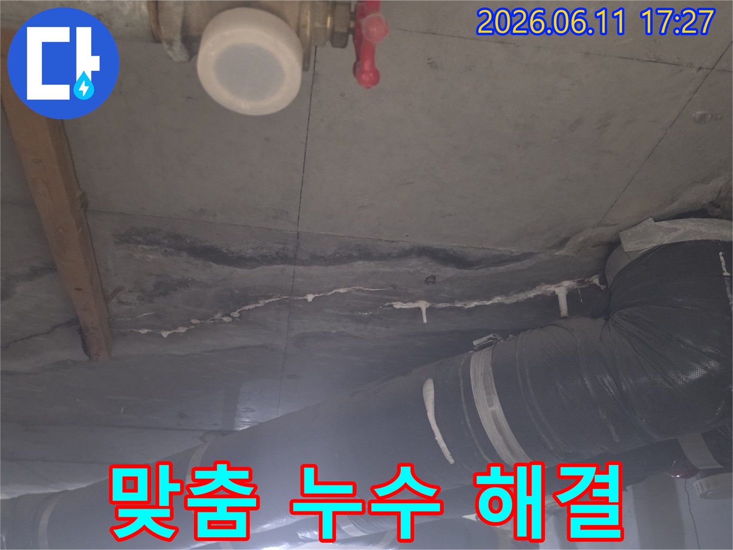 천장 콘크리트에서 물이 새어 나와 형성된 백화 현상과 그 아래 배관의 모습을 보여주는 사진입니다