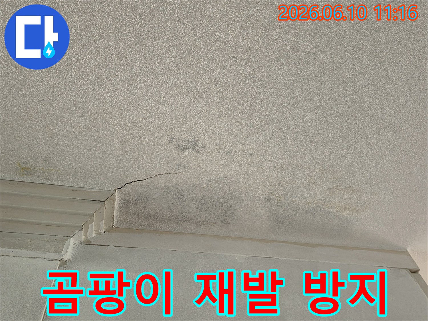 천장 모서리 부분에-누수로 인한-물얼룩과-곰팡이가 발생하여-재발 방지 대책이 필요한 상황입니다.