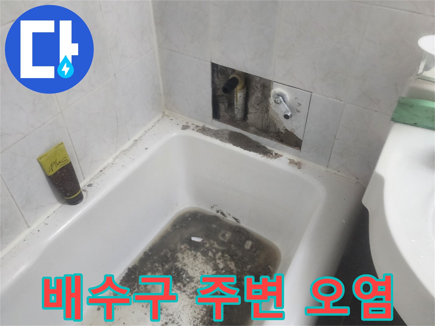 화장실 배수구-주변에 물이 고이고 곰팡이가 생긴 상태입니다