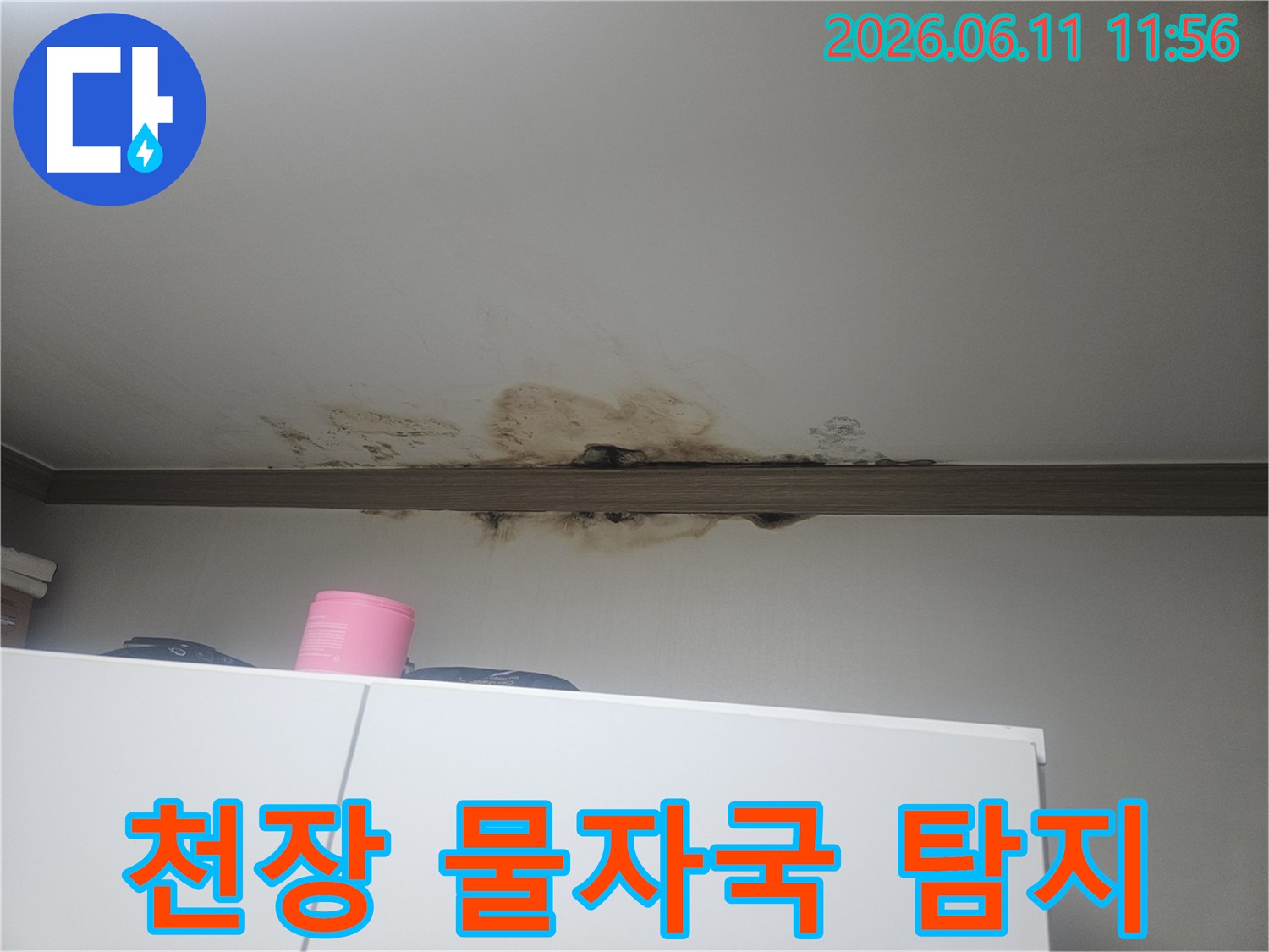 천장에서 물이 새어-마감재가 손상되고-검게 변색된-심각한 누수 현장