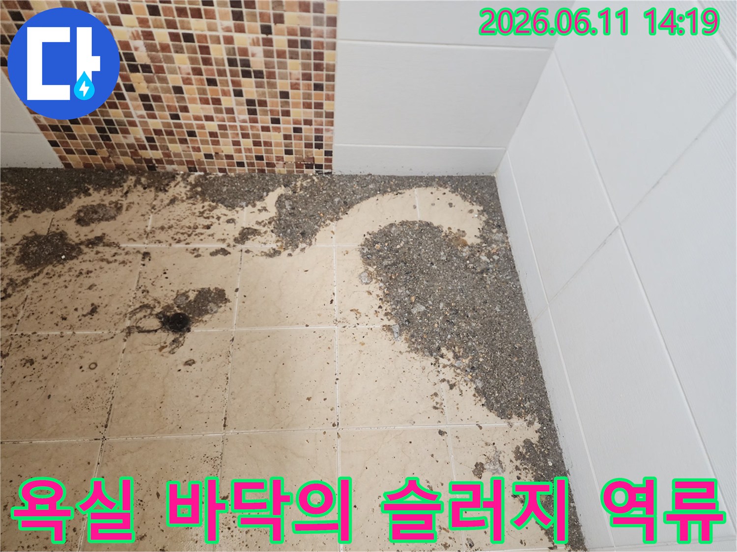 하수구 주변에 뭉쳐 있는 어두운 색의 배관 오염물과 찌꺼기