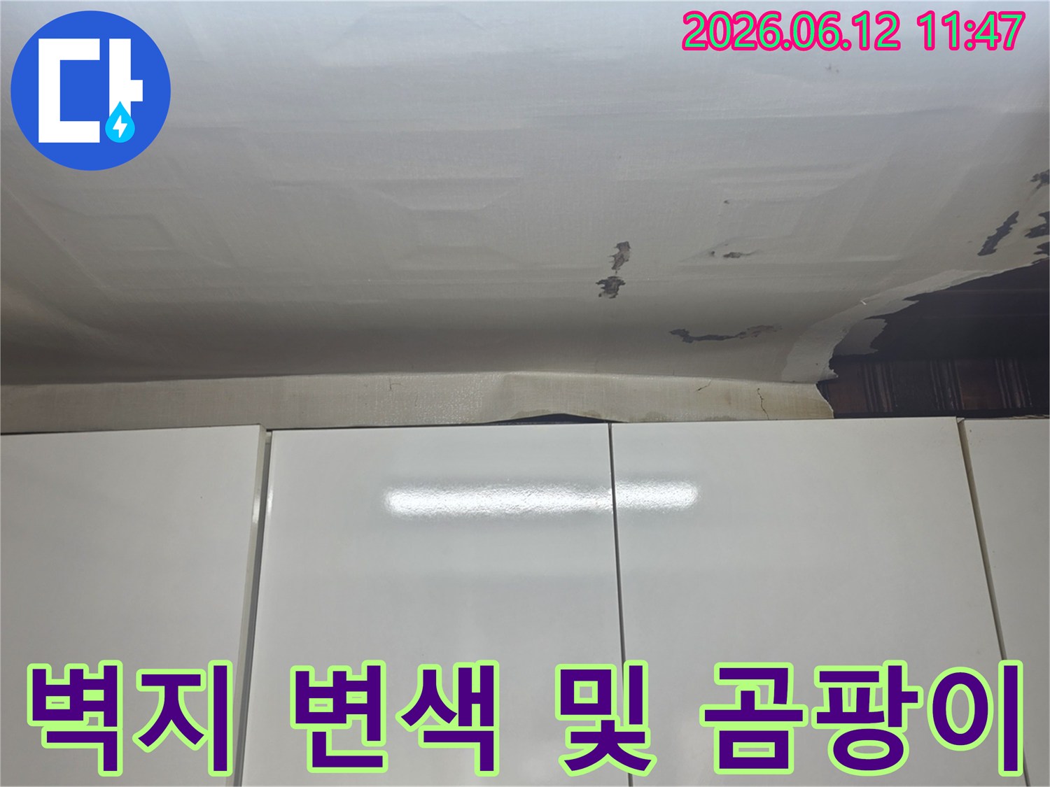 성남-수정구-수진동 아파트-주방 천장에서-발생한 누수로-벽지가 젖은-모습을 담고 있습니다