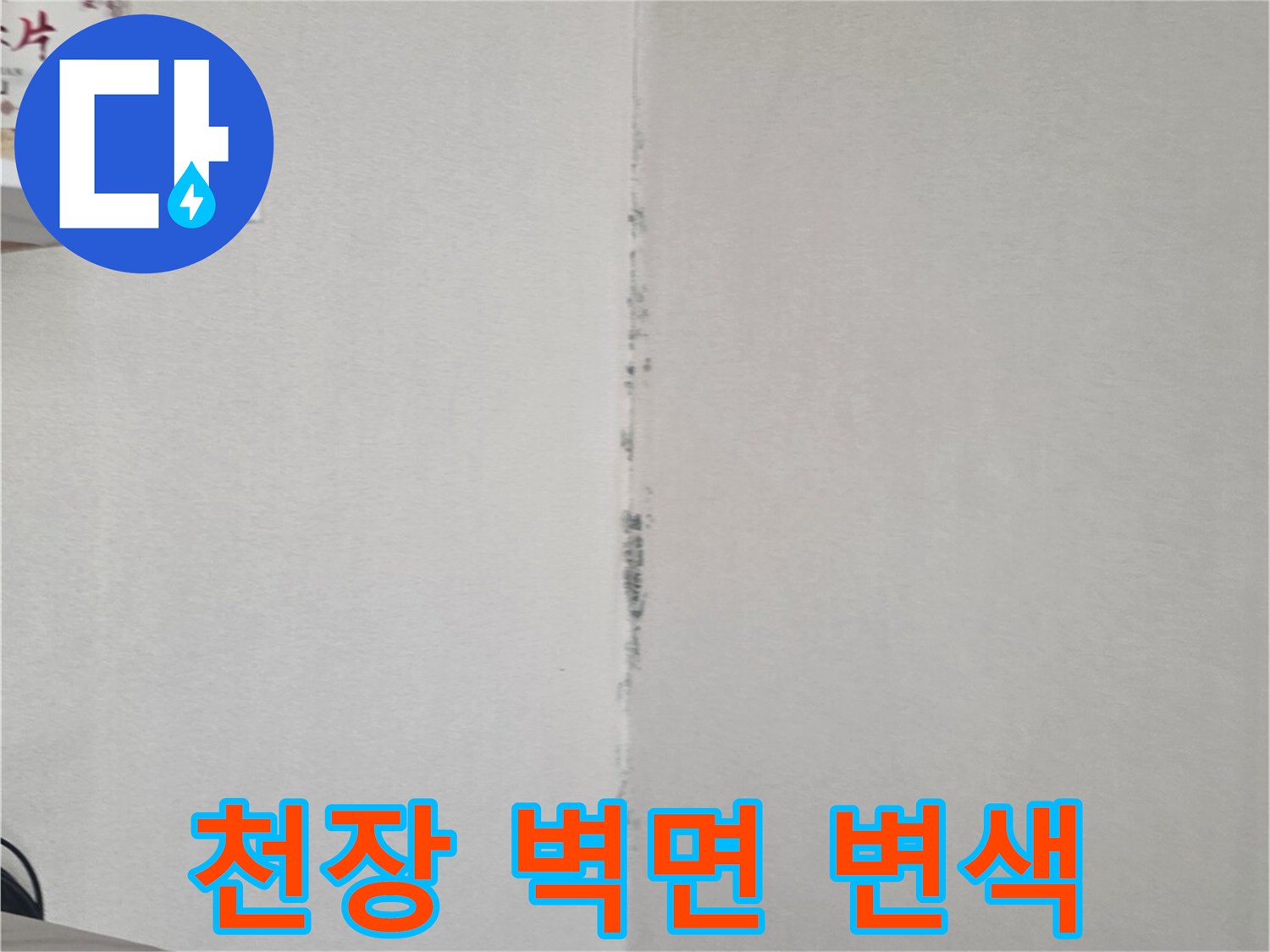 천장과 벽 경계 부분의 누수 흔적 및 변색 부위