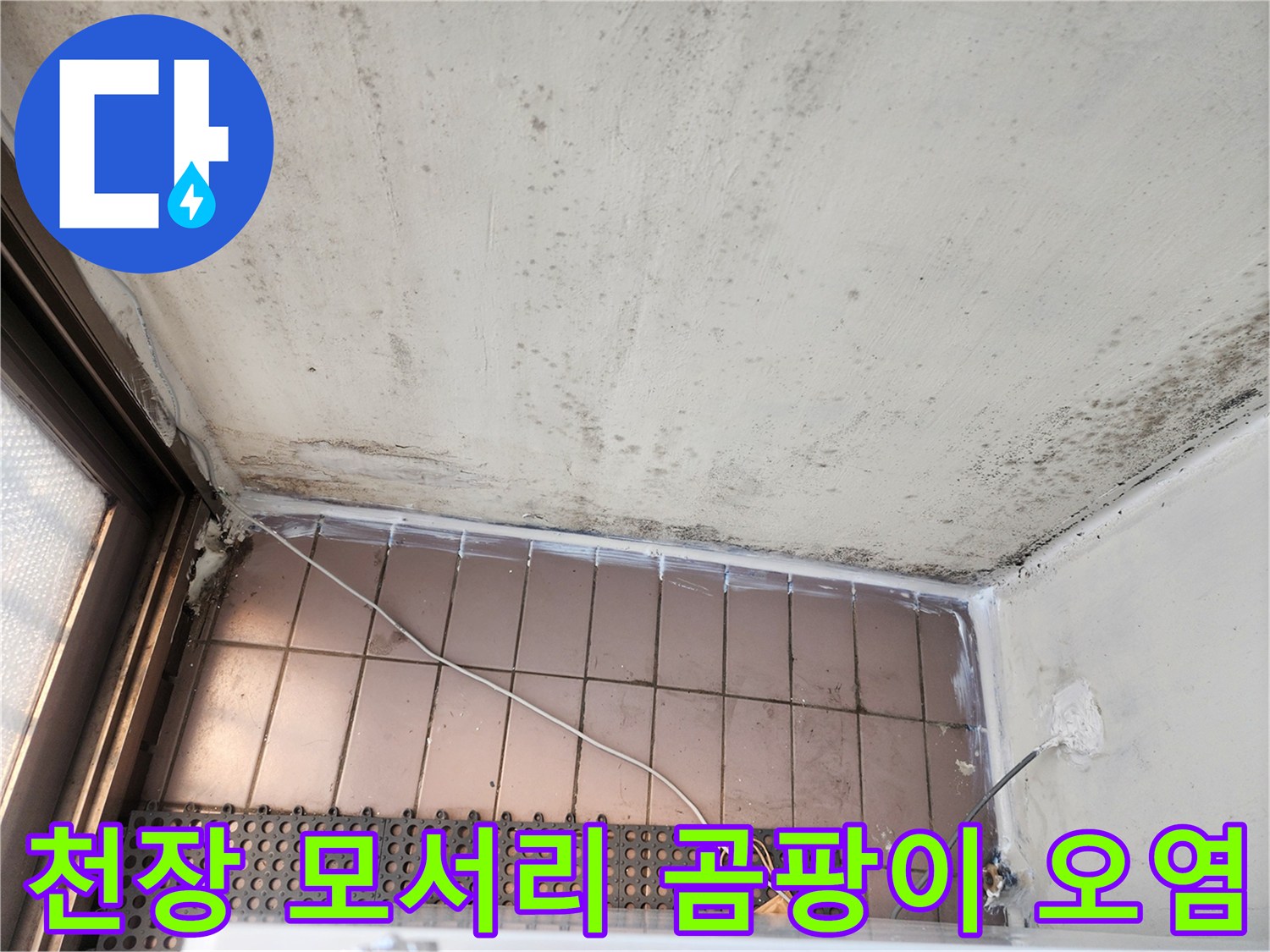 베란다 천장 구석의 곰<0xAE>팡이와 물샘 흔적을 근접 촬영한 사진입니다.