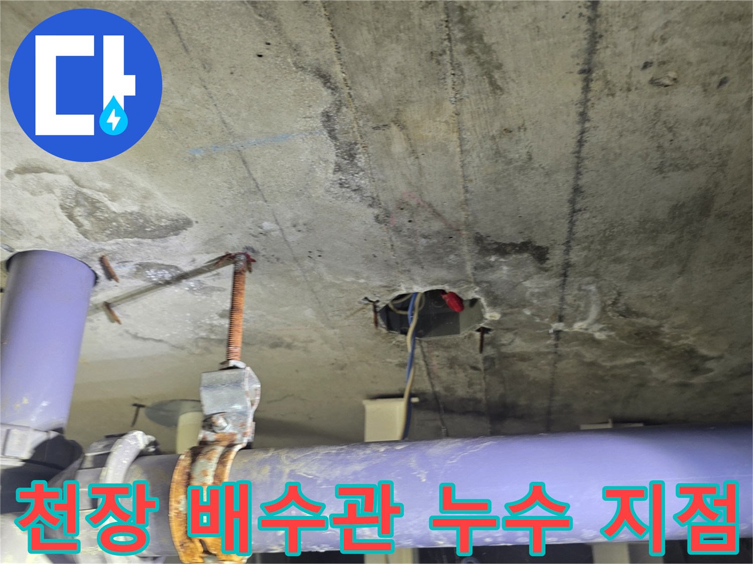 보라색 배관과 천장 콘크리트 틈새의 물샘 흔적