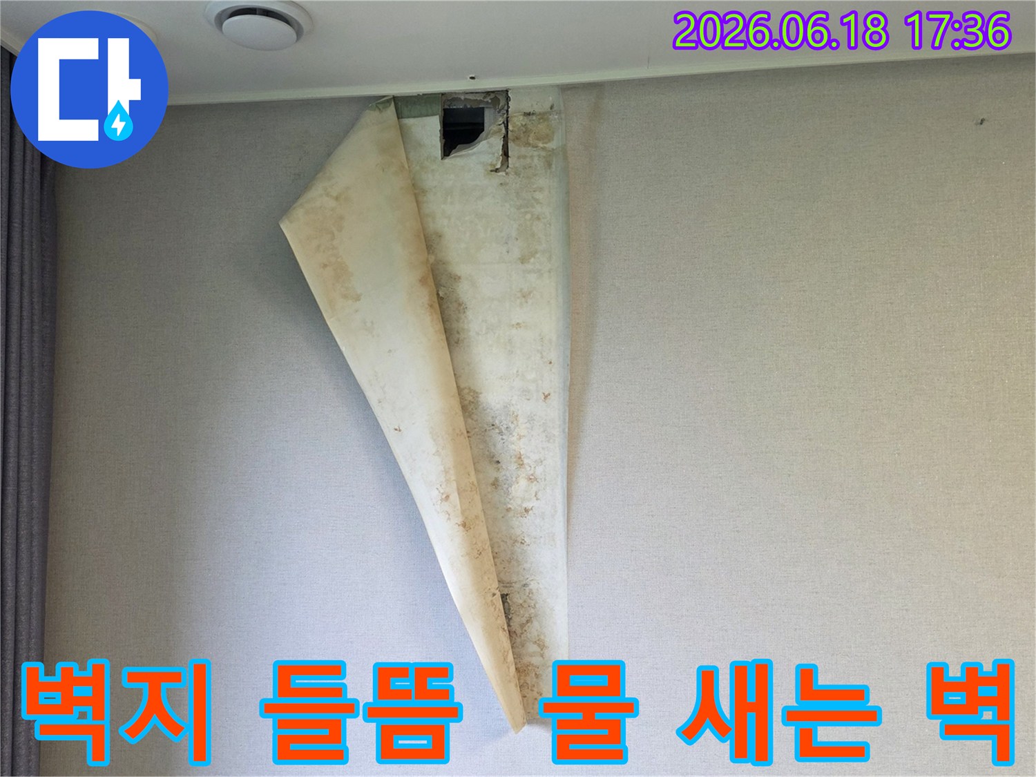 오랜 기간 누수가 진행되어-벽면 전체에 습기와 곰팡이가 퍼진 현장 사진