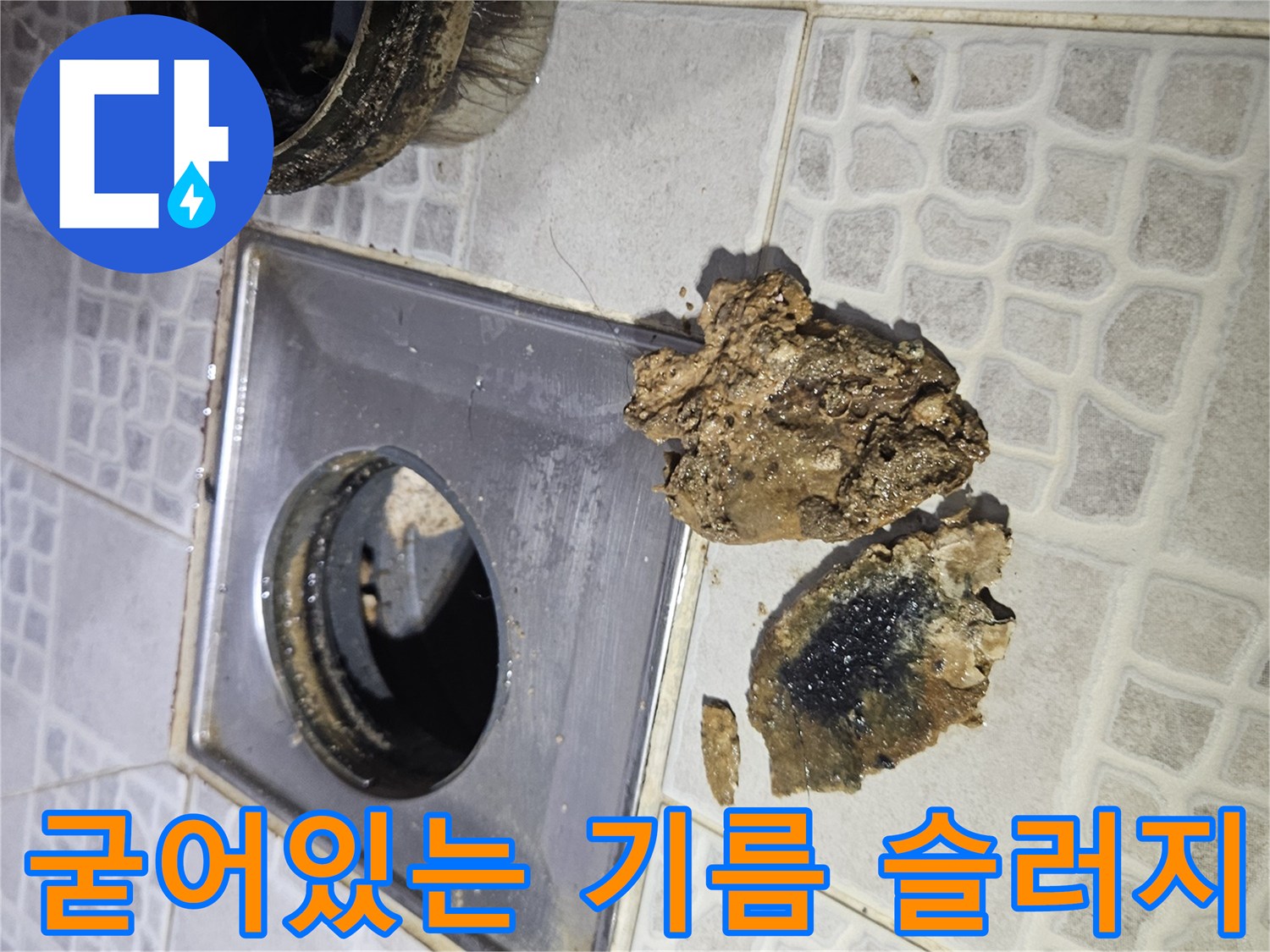 배수구 주변 타일에 떨어진 검고 커다란 오물 덩어리