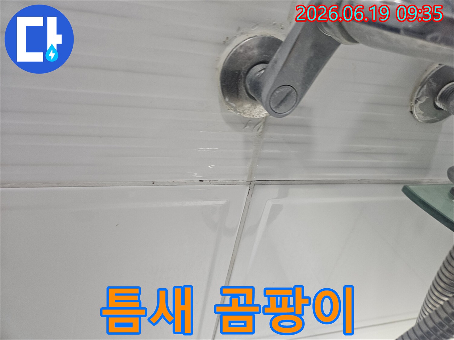 욕실 샤워기 고정부의-타일 틈새에-곰팡이가 발생하여-물이 스며드는-누수 현장 사진입니다